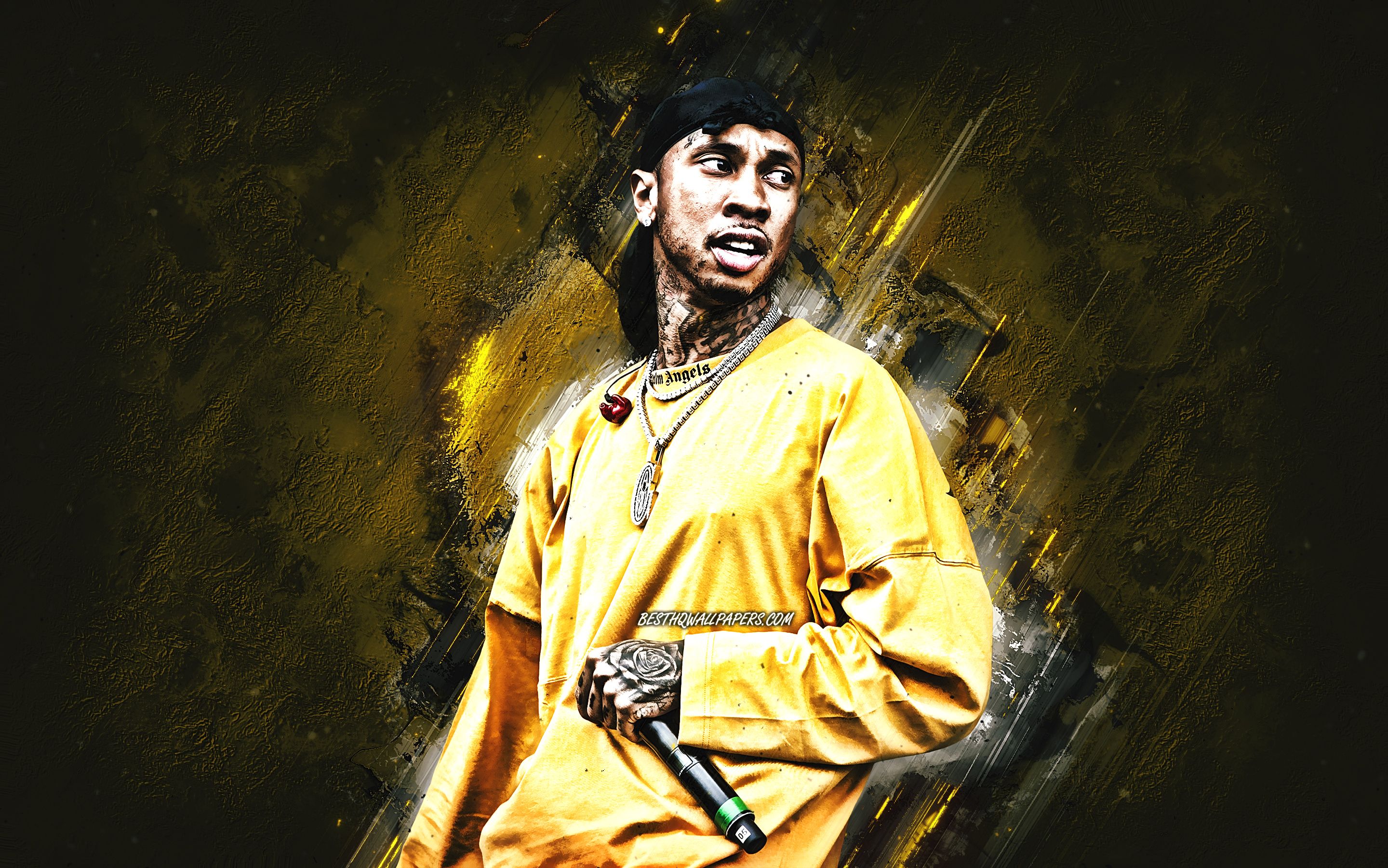Download Wallpaper Tyga, American Rapper, Portrait, Yellow Stone Background, Michael Ray Nguyen Stevenson For Desktop With Resolution 2880x1800. High Quality HD Picture Wallpaper