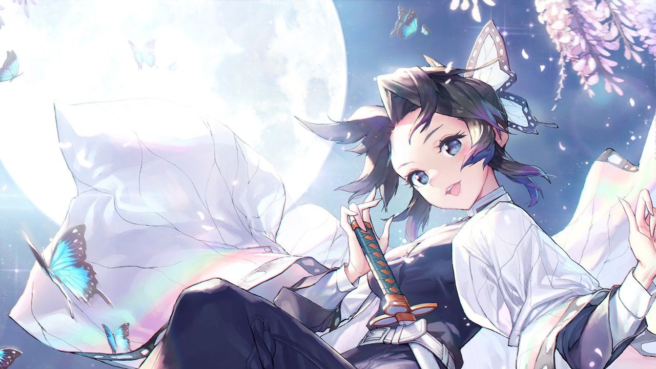 Demon Slayer Butterfly Girl Shinobu Kochou With Background Of Bright Moon HD Anime Wallpaper