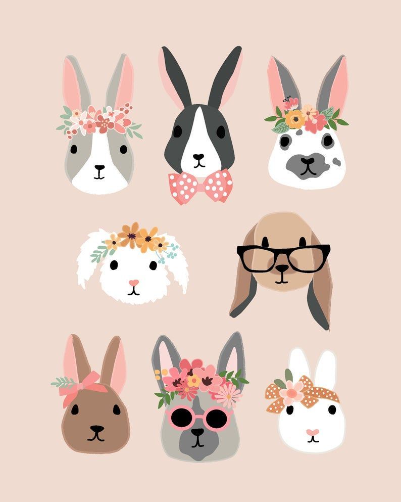 Bunny Rabbit Faces Illustrations With Flower Crowns for party and wall decor. Rabbit illustration, Bunny painting, Cute bunny cartoon