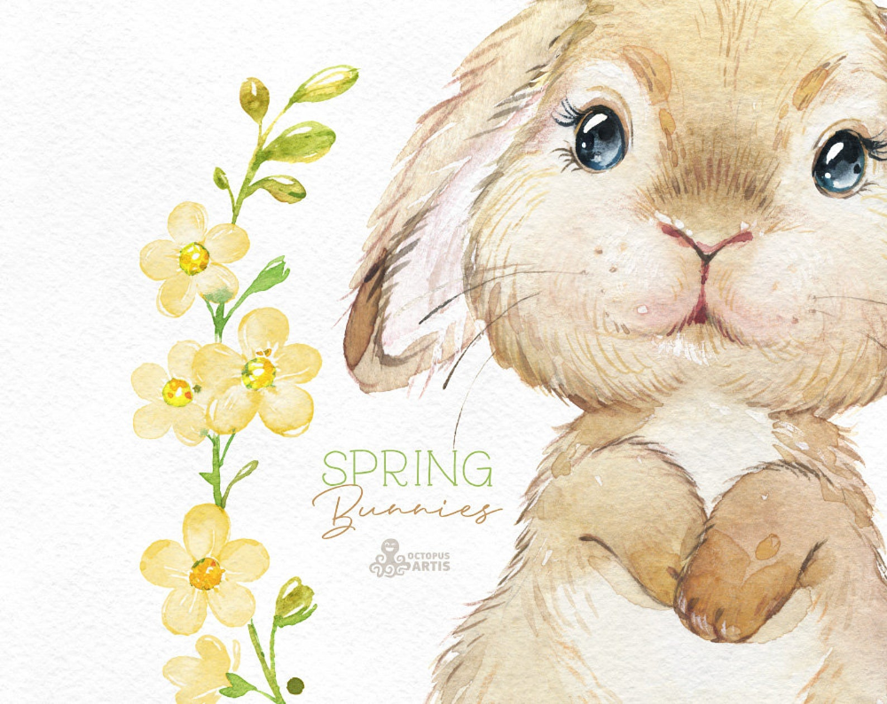 Spring Bunnies. Watercolor little animals and floral clipart. Etsy. Bunny watercolor, Animals, Watercolor image