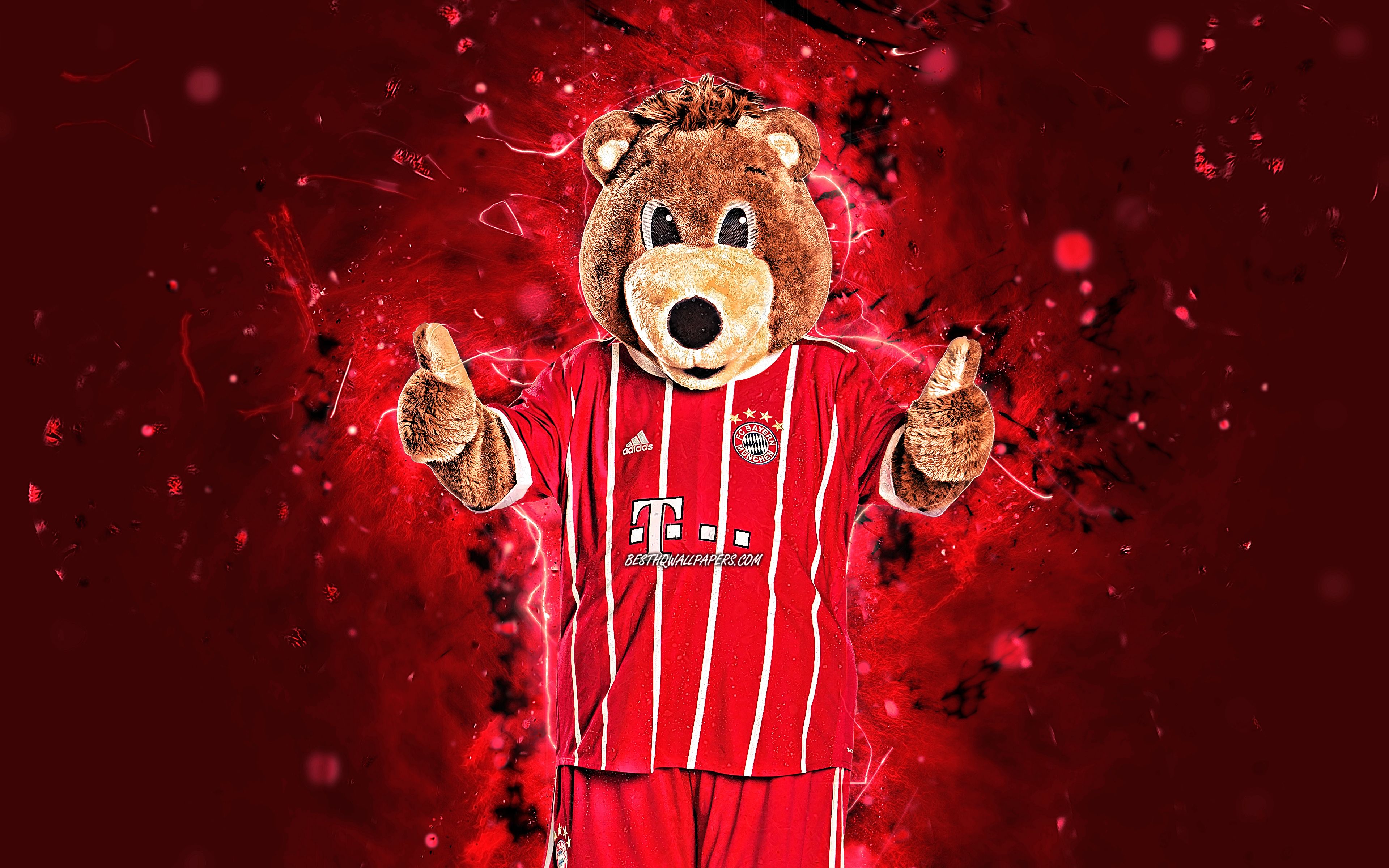 Download wallpaper Berni, 4k, mascot, cartoon bear, Bundesliga, Bayern Munich FC, abstract art, Brazilian Serie A, german football club, Bayern Munich, creative, official mascot, neon lights, Bayern Munich mascot for desktop with