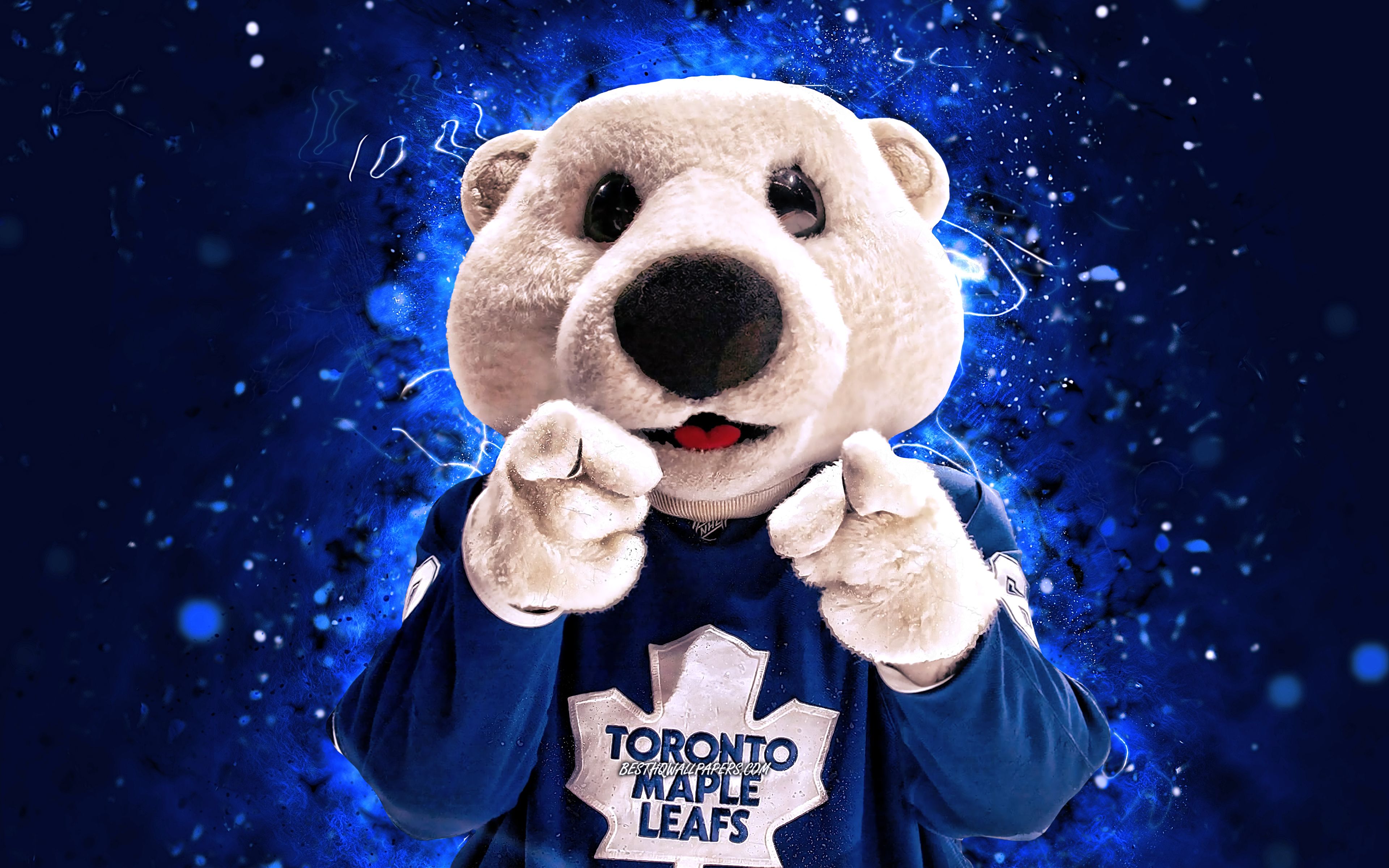Download wallpaper Carlton the Bear, 4k, mascot, Toronto Maple Leafs, blue neon lights, NHL, creative, USA, Toronto Maple Leafs mascot, Carlton, NHL mascots, official mascot, Carlton mascot for desktop with resolution 3840x2400