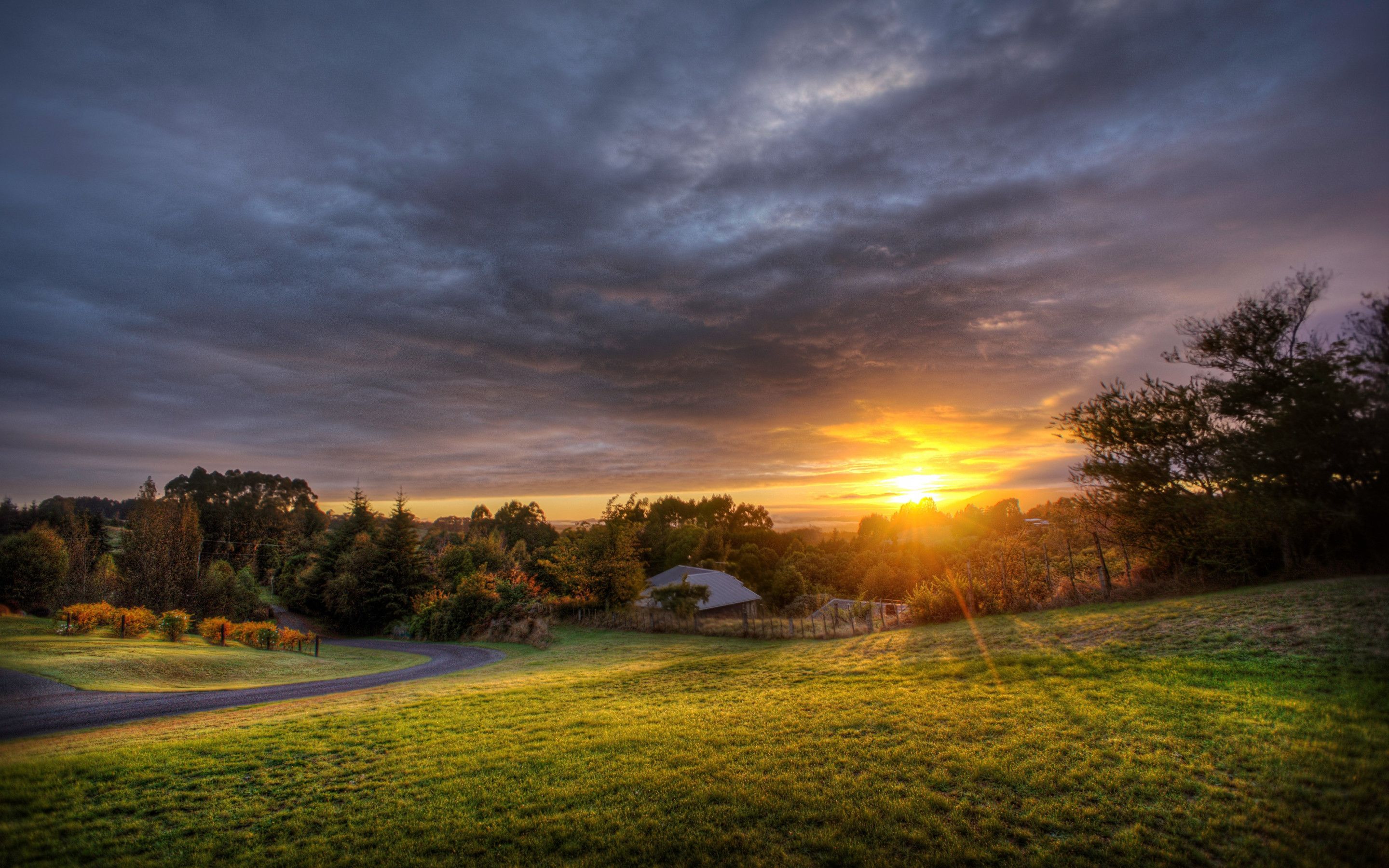 Download wallpaper: Landscape, meadow, sunset, clouds 2880x1800