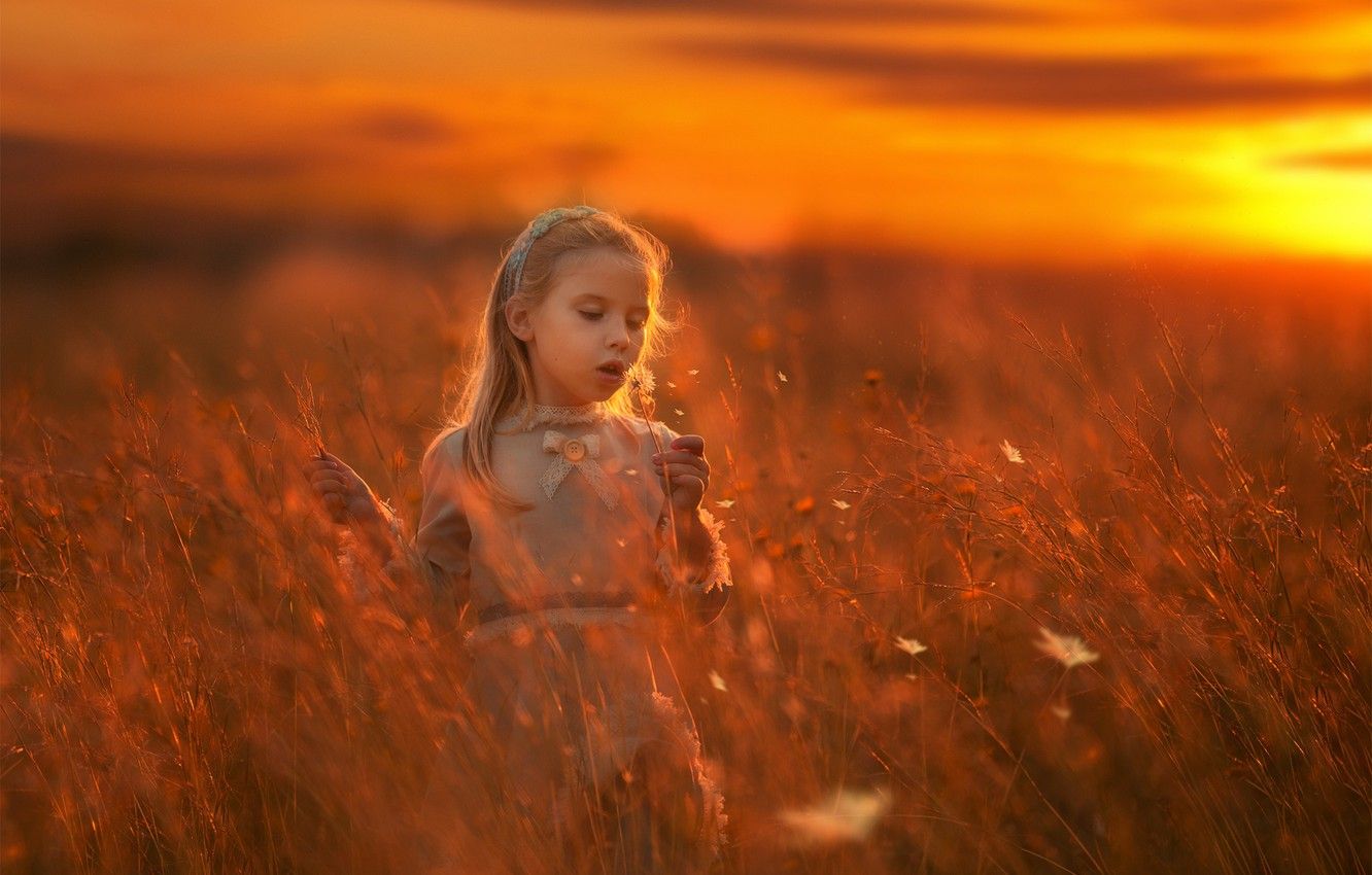 Wallpaper sunset, meadow, girl image for desktop, section настроения