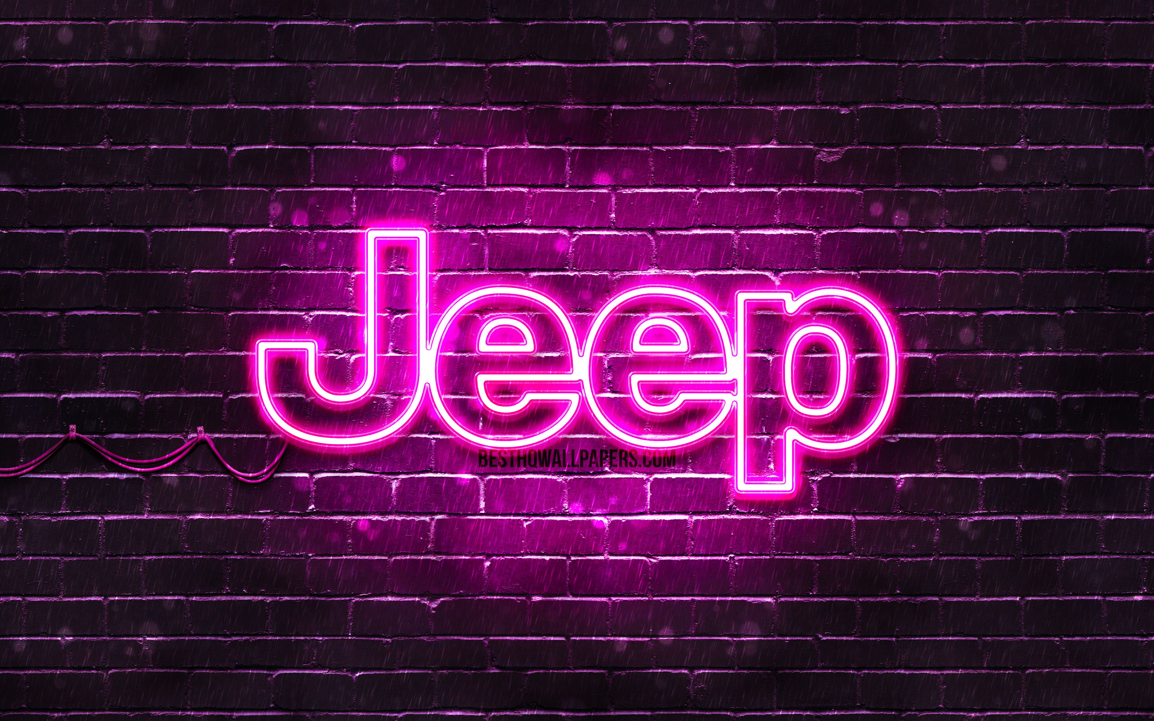 Download wallpaper Jeep purple logo, 4k, purple brickwall, Jeep logo, cars brands, Jeep neon logo, Jeep for desktop with resolution 3840x2400. High Quality HD picture wallpaper