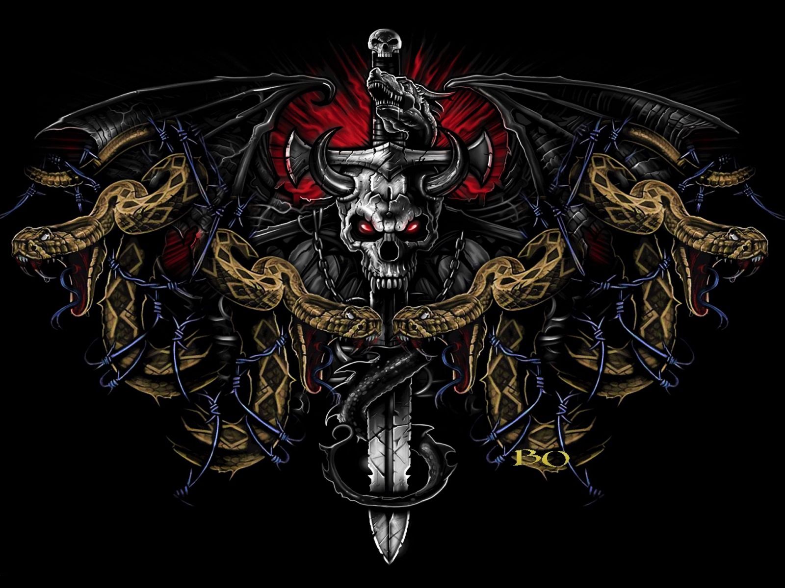Desktop Wallpaper Skull, Sword, Snake, Dark, Art, HD Image, Picture, Background, 770b5a