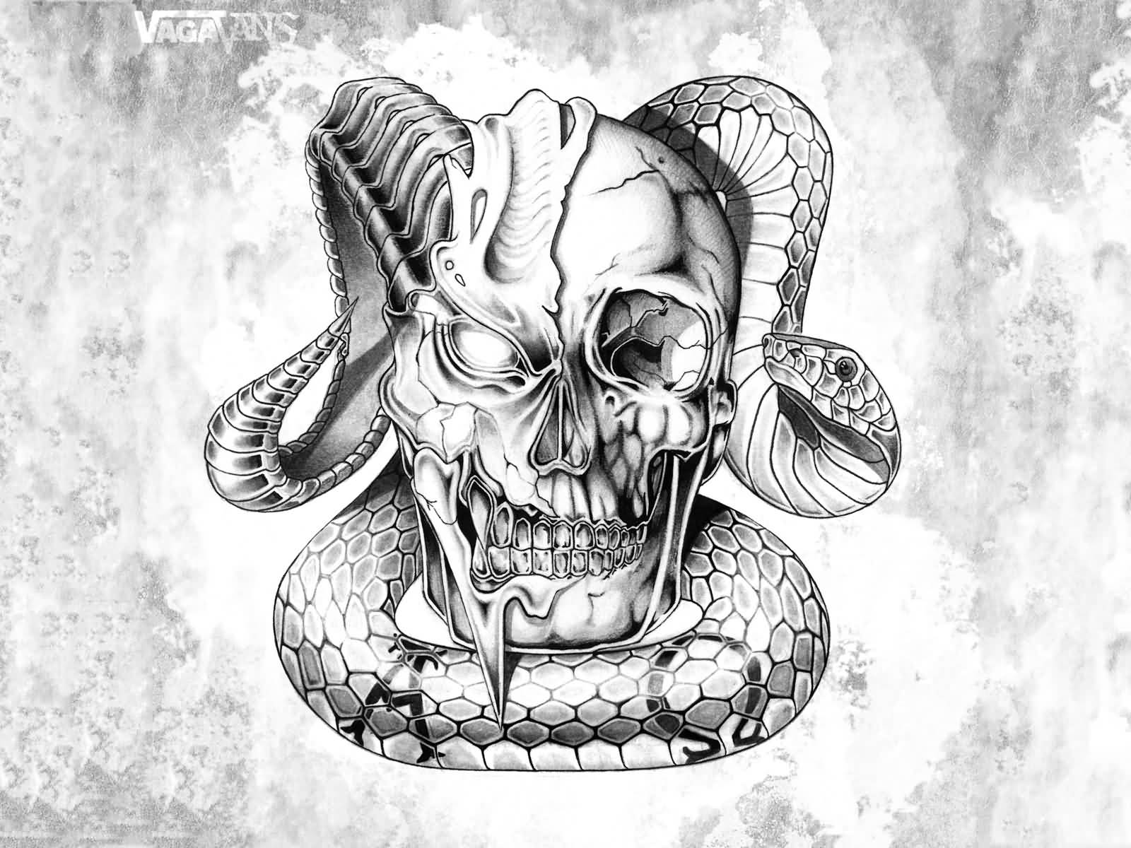Skull and Snake Tattoo drawn in engraving style By Olena1983  TheHungryJPEG