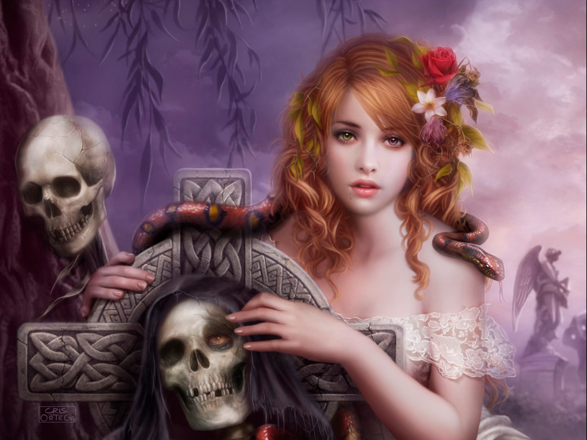 Cross Flower Girl Gothic Heterochromia Skeleton Skull Snake Woman Wallpaper:1920x1440