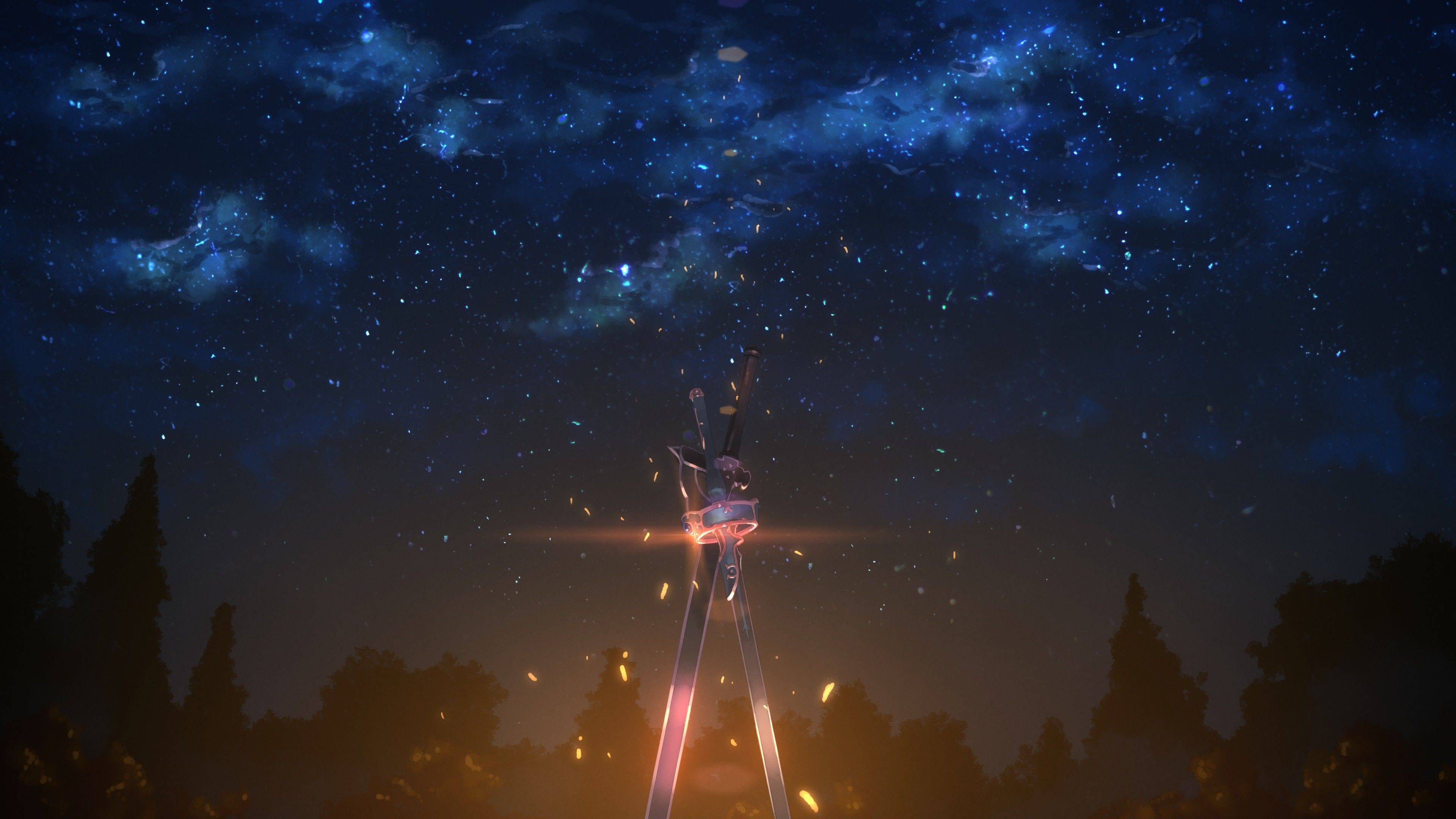 Wallpaper, night, anime, sky, Sword Art Online, weapon, stars, sword, atmosphere, astronomy, Yuuki Tatsuya, star, darkness, screenshot, outer space, astronomical object 3840x2160