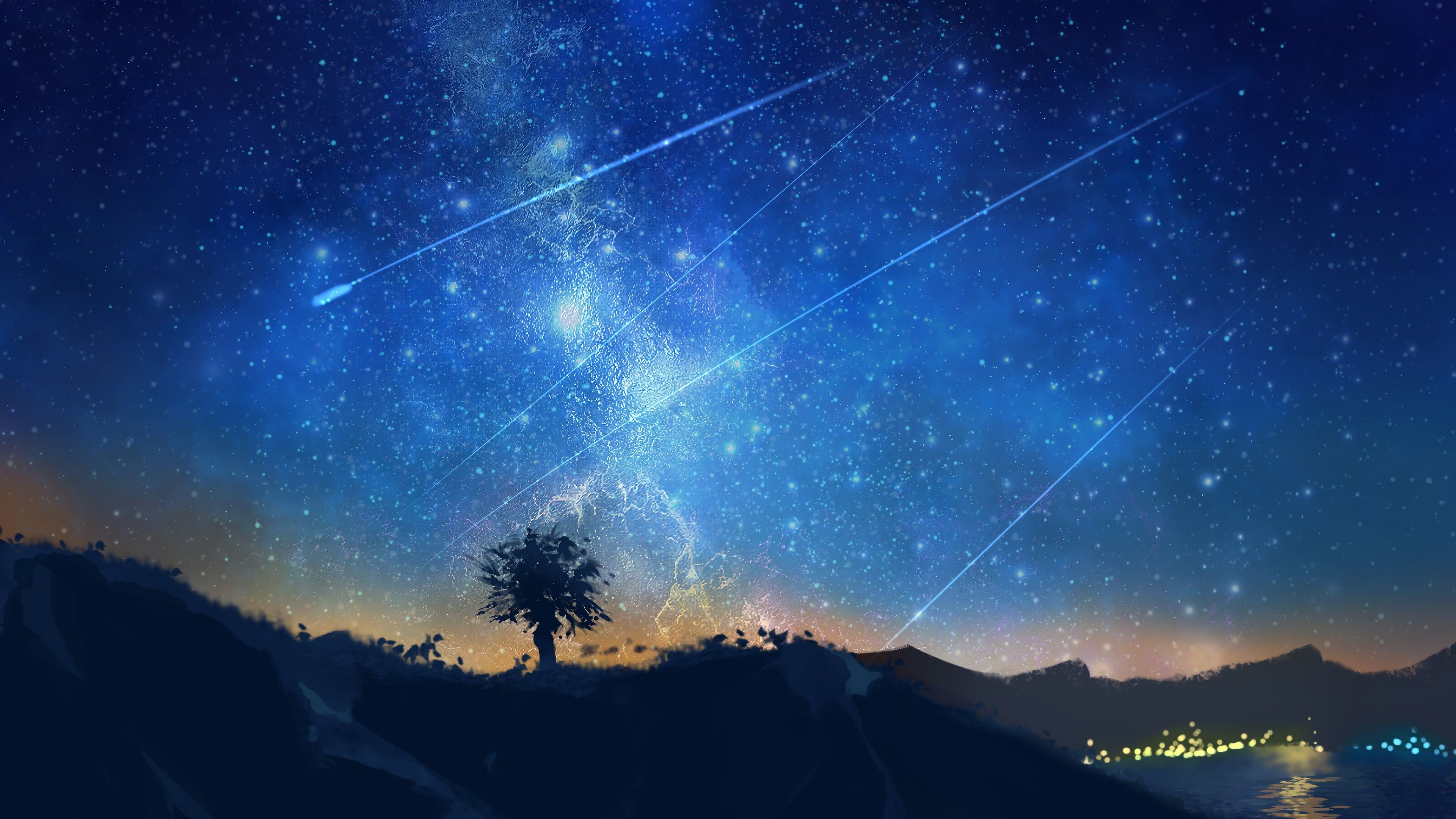 Shooting Stars, Night, Sky, Anime, 4K, 3840x2160 wallpaper. Mocah HD Wallpaper