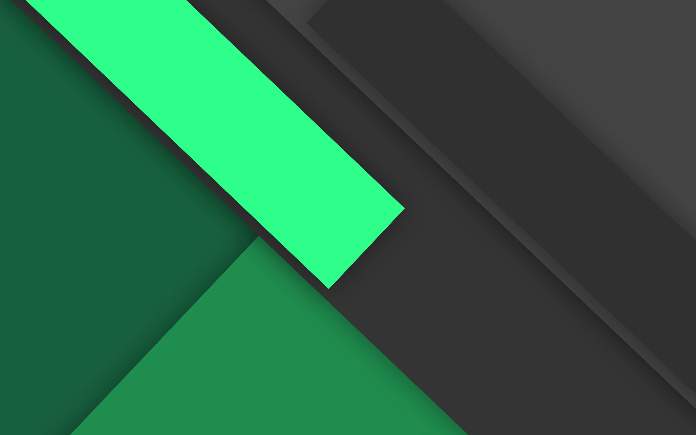 Download wallpaper 4k, material design, green and black, geometric shapes, lines, lollipop, geometry, creative, strips, green background, abstract art for desktop with resolution 2880x1800. High Quality HD picture wallpaper
