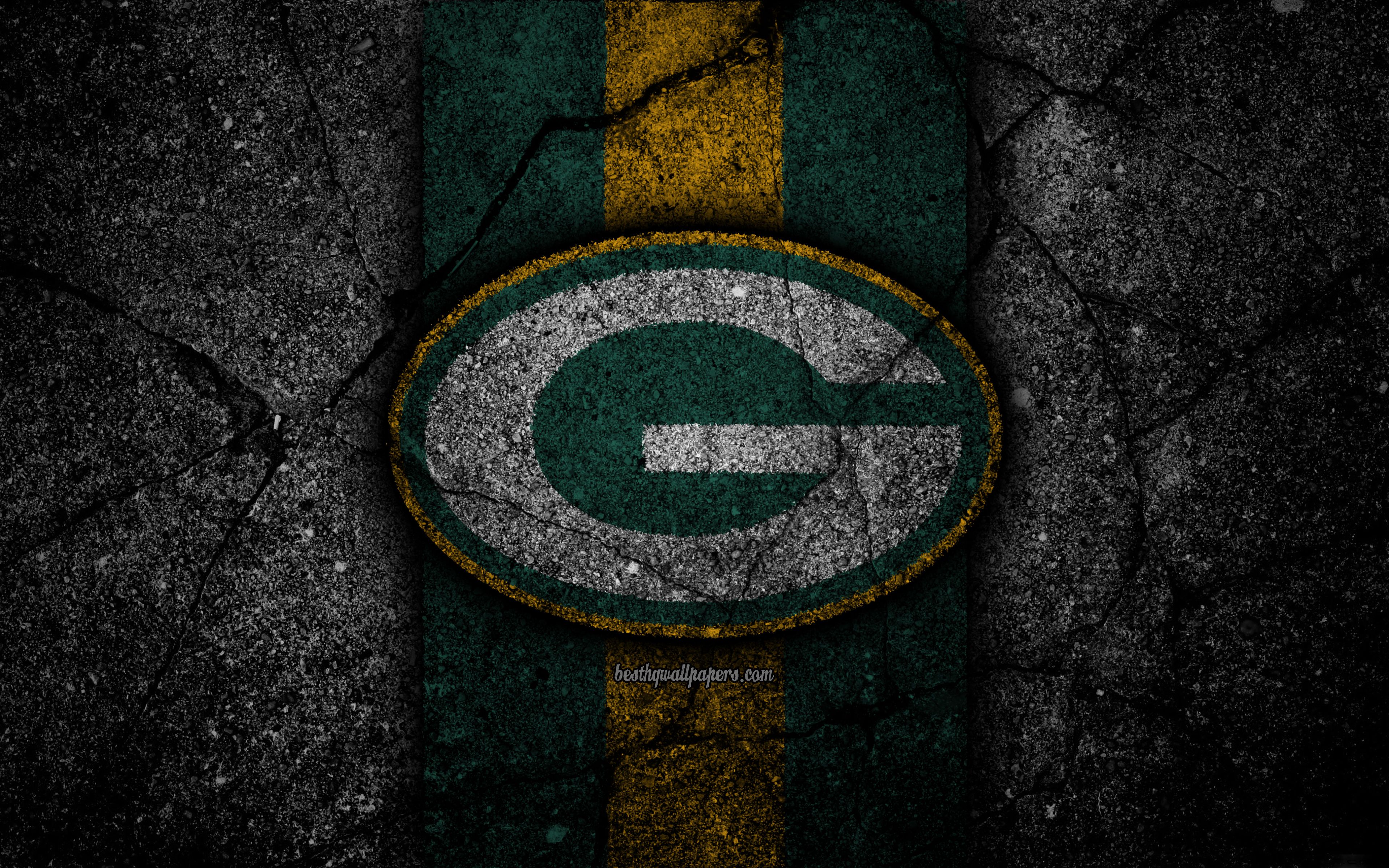 Download wallpaper 4k, Green Bay Packers, logo, black stone, NFL, NFC, american football, USA, art, asphalt texture, North Division for desktop with resolution 3840x2400. High Quality HD picture wallpaper