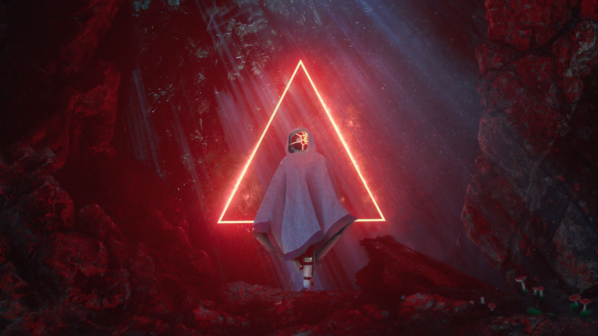 Download wallpaper 2048x1152 ghost, triangle, glow, red, cave, light ultrawide monitor HD background