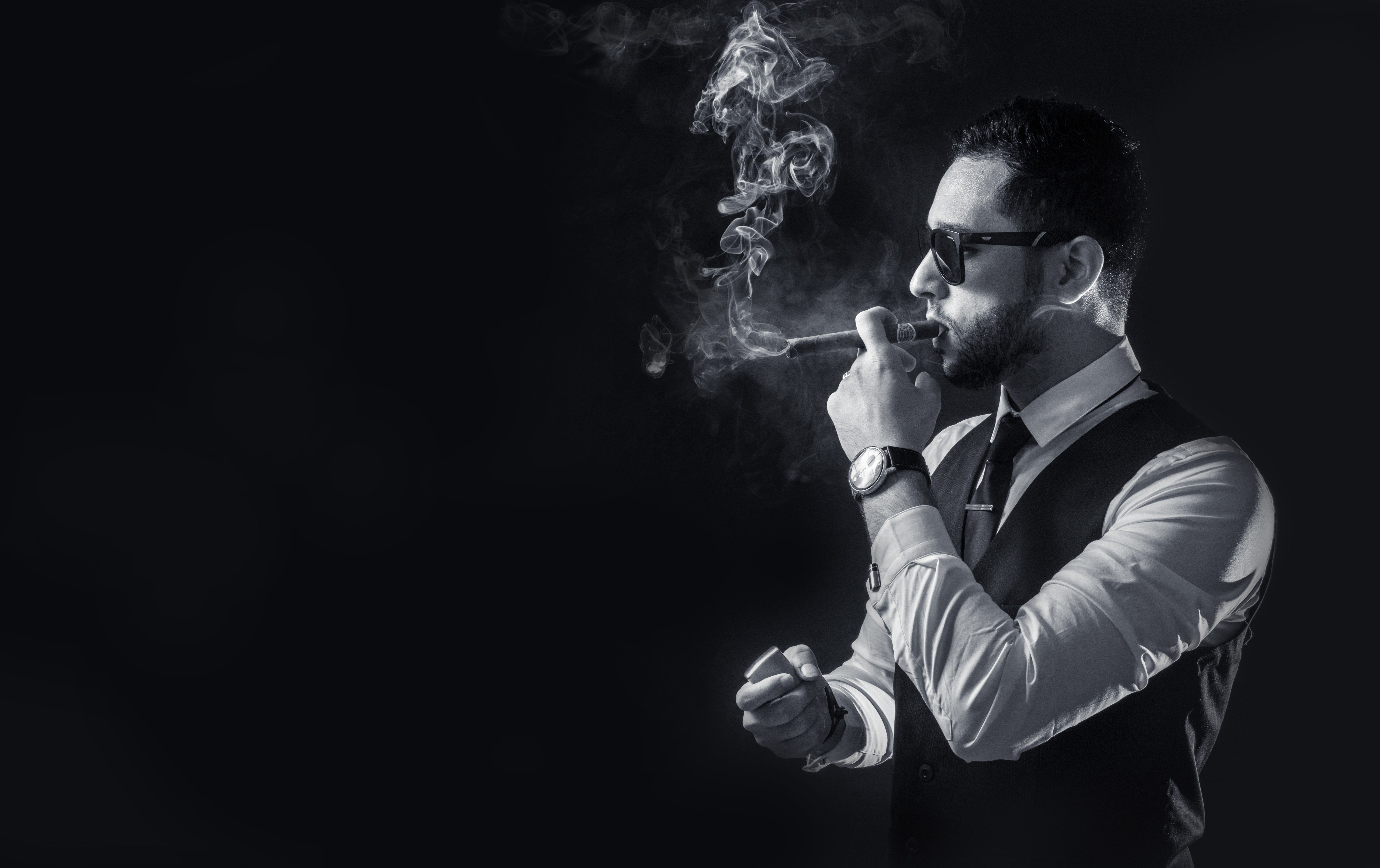 Wallpaper, men, watch, smoke, smoking, suits, cigars, guitarist, light, darkness, black and white, monochrome photography, film noir 7283x4583