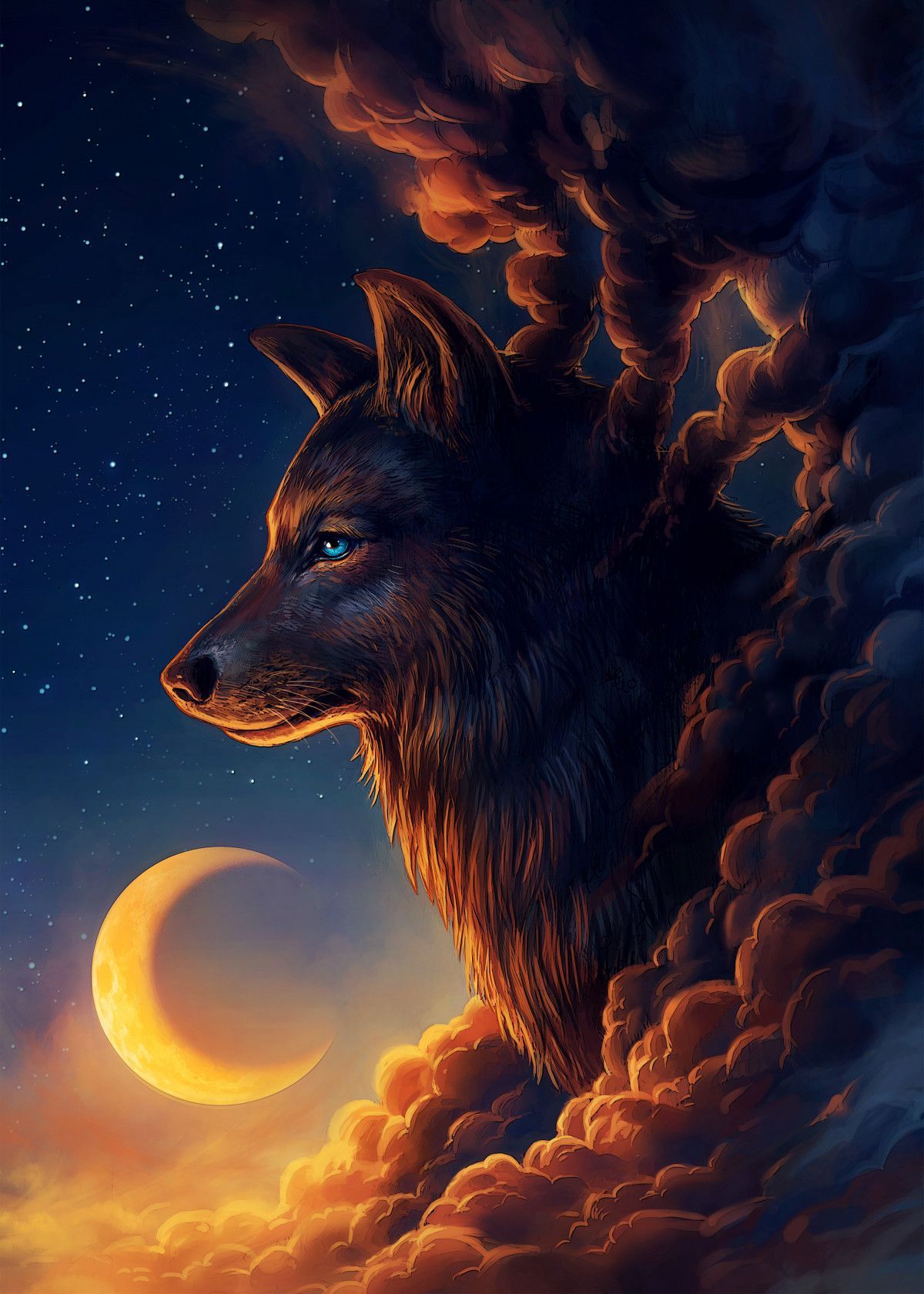 Night Guardian' Poster. art print by Jonas Jödicke. Displate. Wolf wallpaper, Fantasy wolf, Moon painting