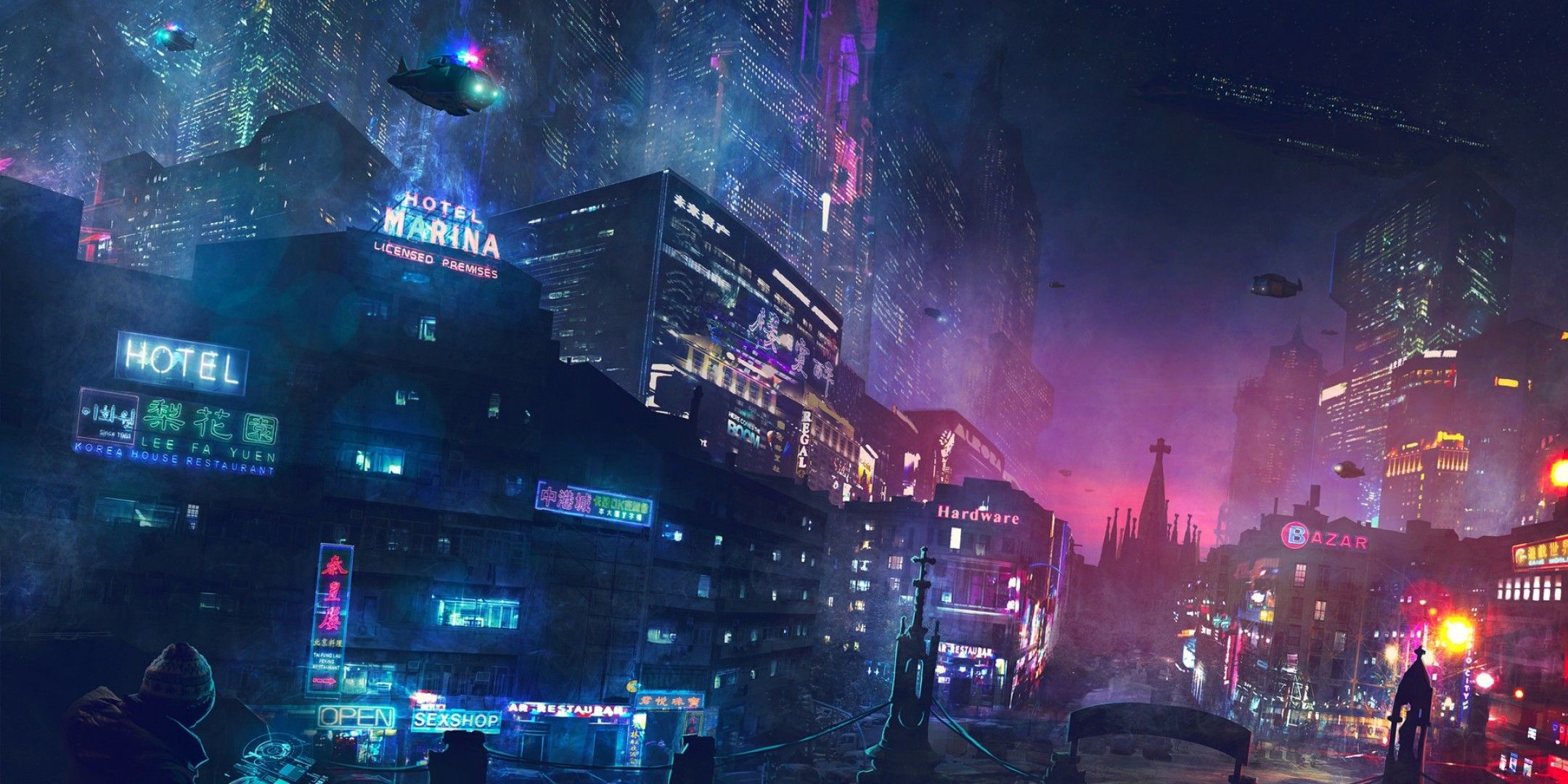 Download 2160x1080 Cyberpunk City, Futuristic, Neon Lights, Buildings, Aircrafts Wallpaper