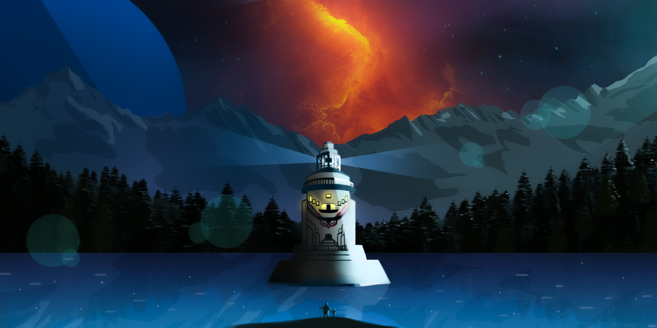 Wallpaper, lighthouse, space, nebula, galaxy, Moon, forest, mountains 2160x1080