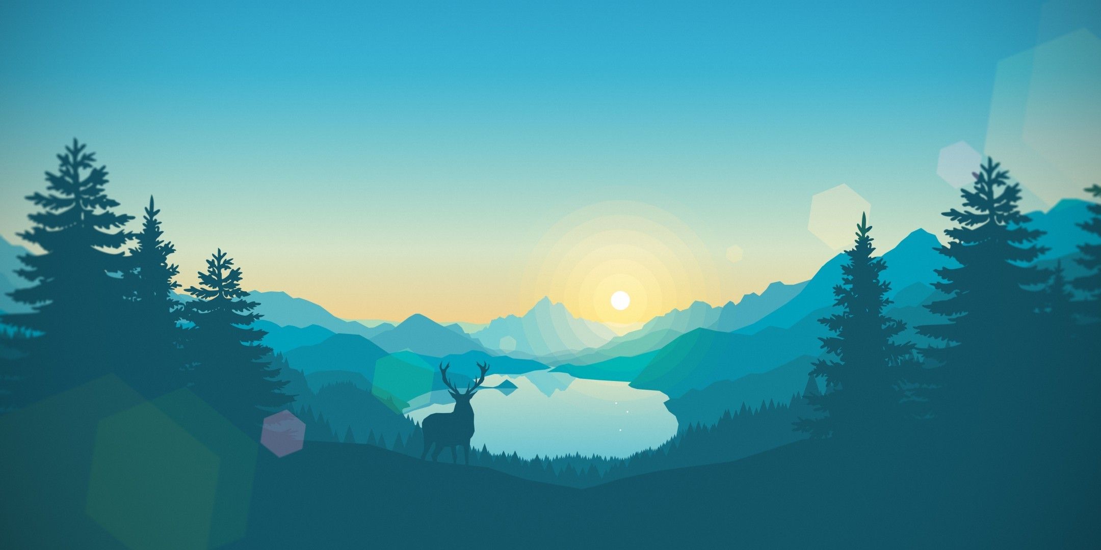 Download 2160x1080 Flat Landscape, Minimalism, Deer, Lake, Mountains, Digital Art Wallpaper