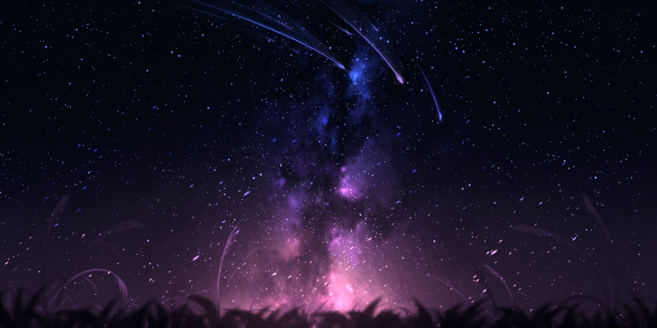 Wallpaper, digital art, meteors, sky, clouds, stars, night, artwork 2160x1080