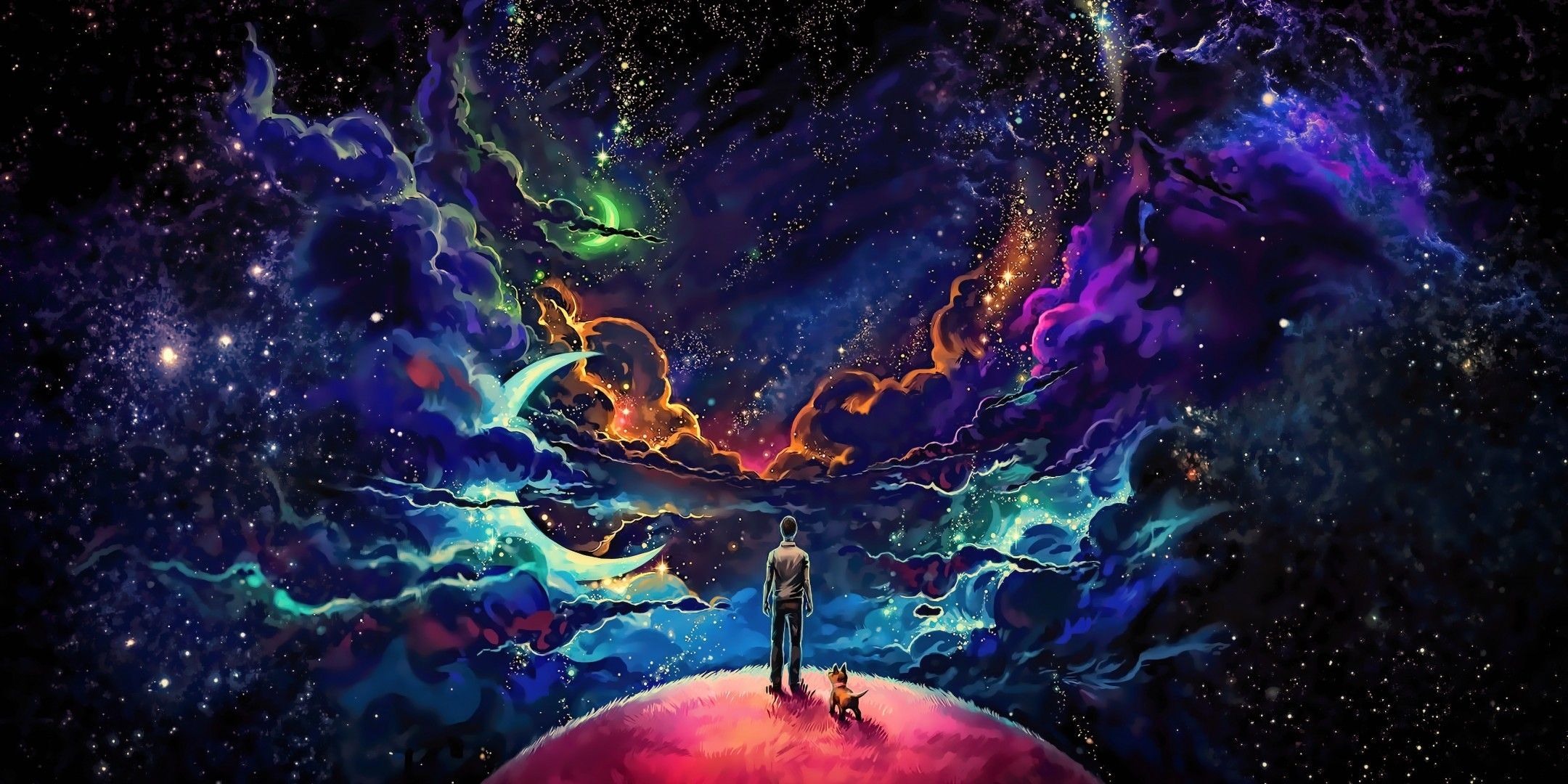 Download 2160x1080 Man And Dog, Stars, Galaxy, Deep Space, Scenic Wallpaper