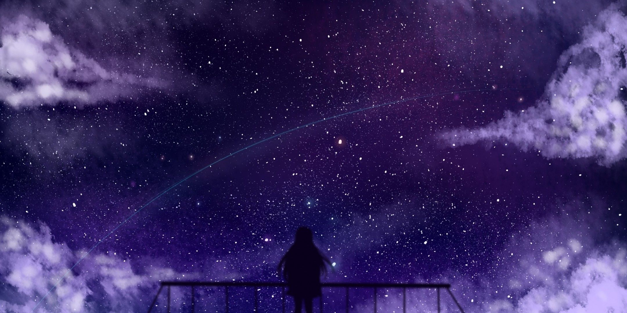 Anime Girl, Stars, Clouds, Fence, Silhouette Stars Wallpaper HD