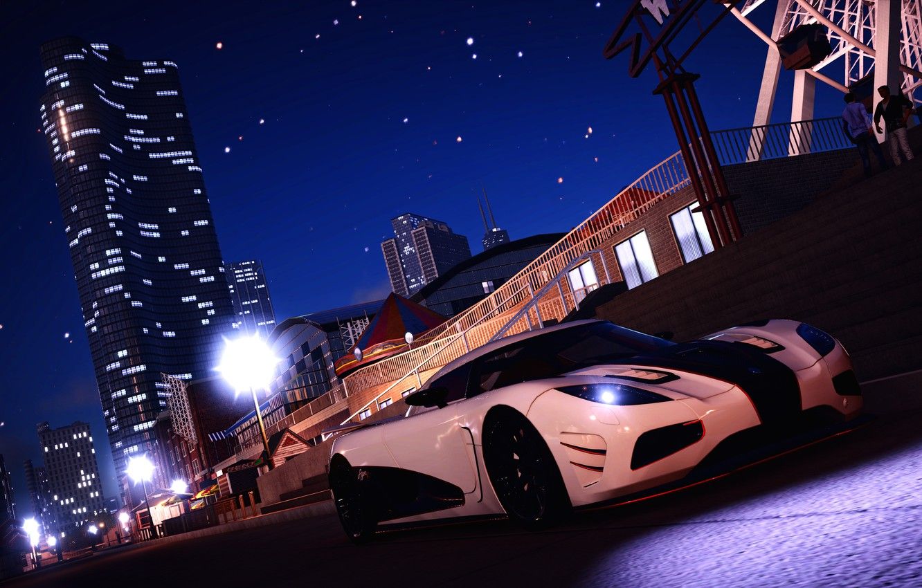 Wallpaper road, white, night, the city, people, wheel, Koenigsegg, lantern, Playground, skyscraper, Agera, The Crew, Wild Run image for desktop, section игры