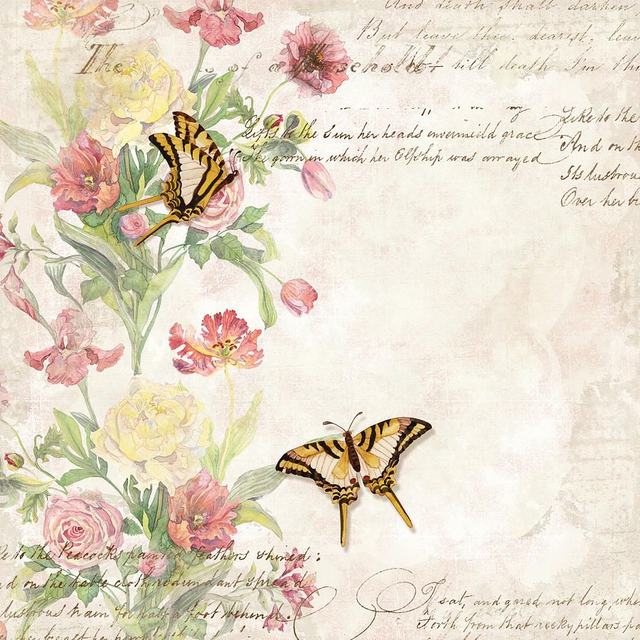 Fleurs de Pivoine w Butterflies in a French Vintage Wallpaper Style Painting by Audrey Jeanne Roberts
