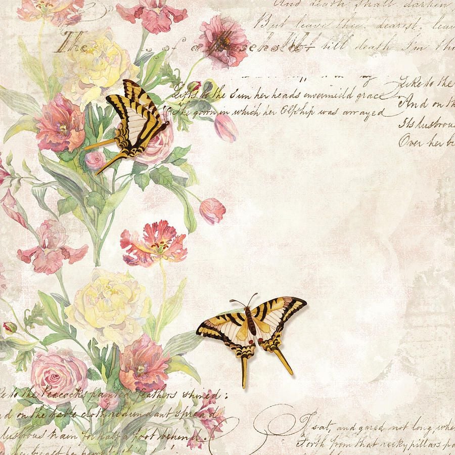 Fleurs de Pivoine w Butterflies in a French Vintage Wallpaper Style Painting by Audrey Jeanne Roberts