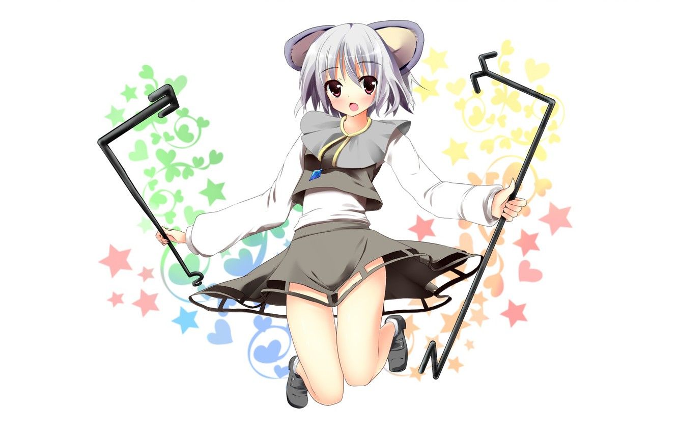 Wallpaper mouse, hearts, white background, stars, ears, grey hair, nazrin, glands, Touhou Project, Project East, by Ikuodx image for desktop, section игры