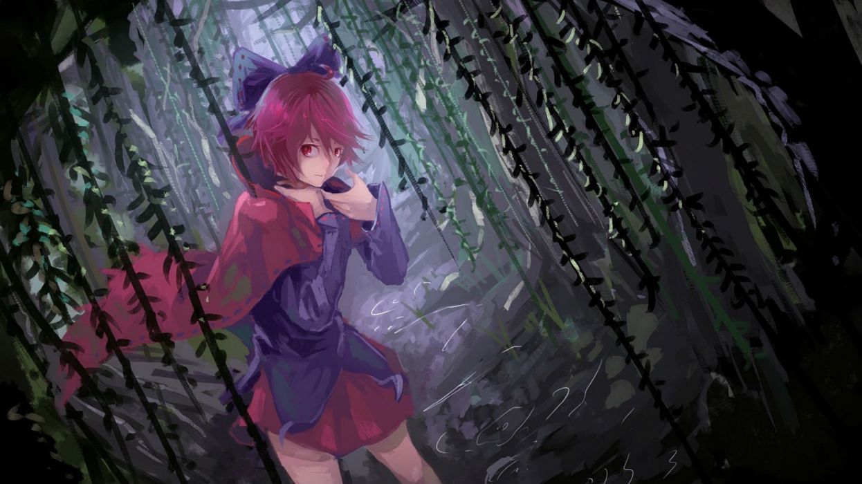 Bow cape forest kaatoso red eyes red hair sekibanki short hair skirt touhou tree wallpaperx900