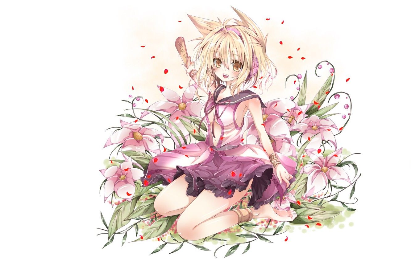 Wallpaper petals, bracelets, ears, pink flowers, yellow eyes, barefoot, sailor, Touhou Project, Project East, Toyosatomimi no Miko, sitting on my lap, by Nanase Nao image for desktop, section игры