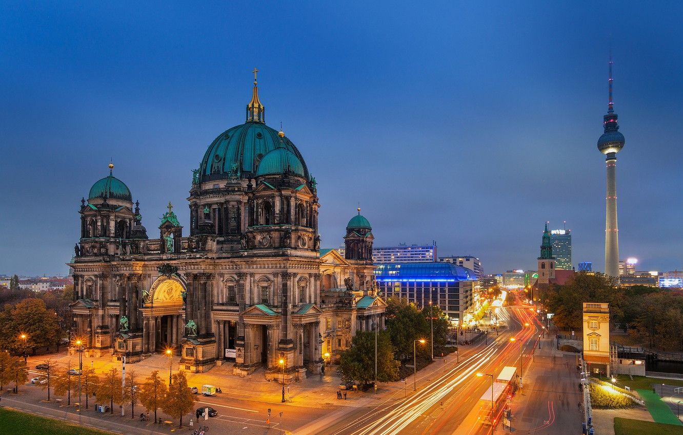 Wallpaper road, light, the evening, excerpt, Germany, Germany, Berlin, Berlin, Berlin Cathedral, The Berliner Dom image for desktop, section город