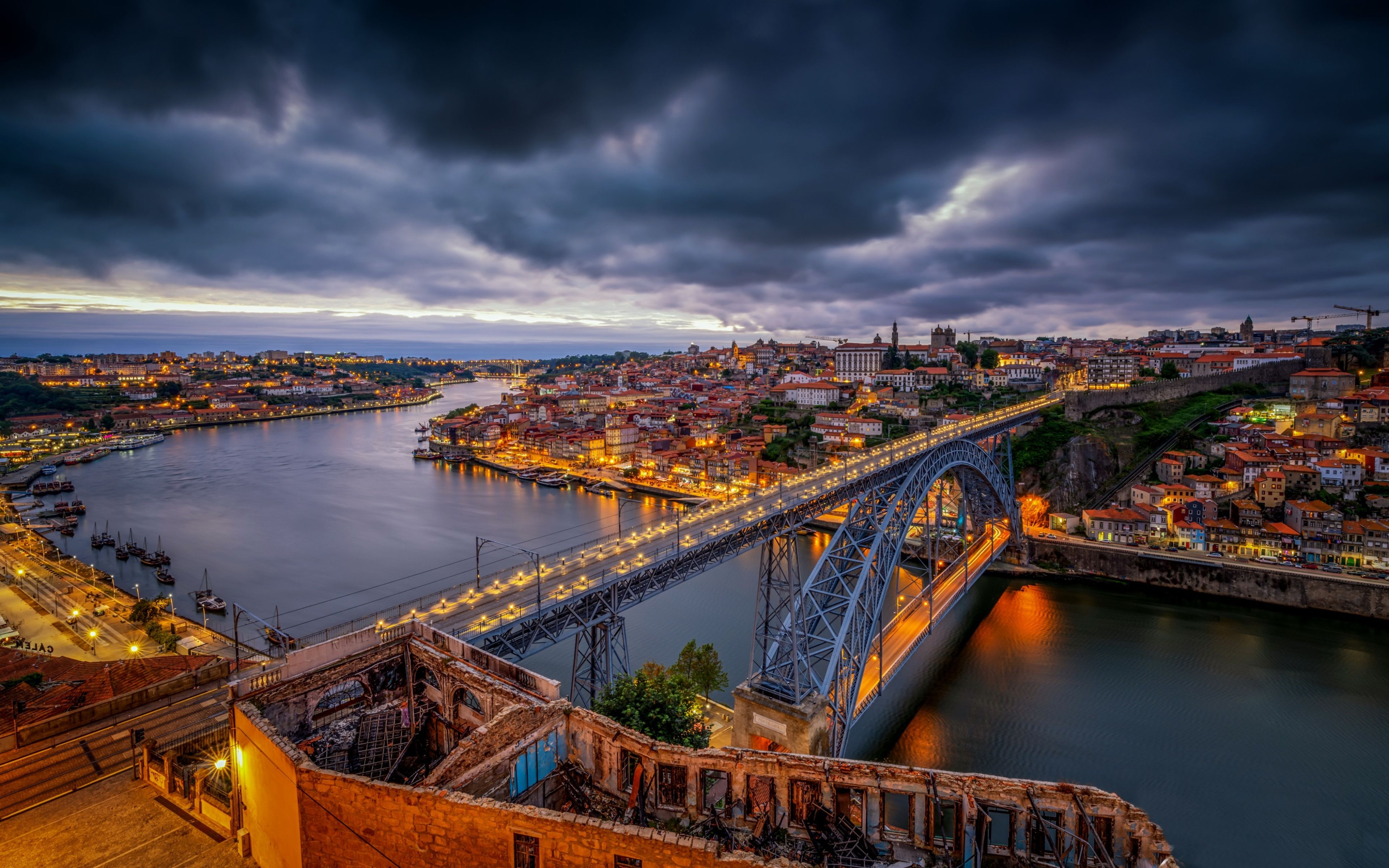 Download wallpaper Porto, Dom Luis I Bridge, 4k, evening city, Portugal, Europe for desktop with resolution 3840x2400. High Quality HD picture wallpaper