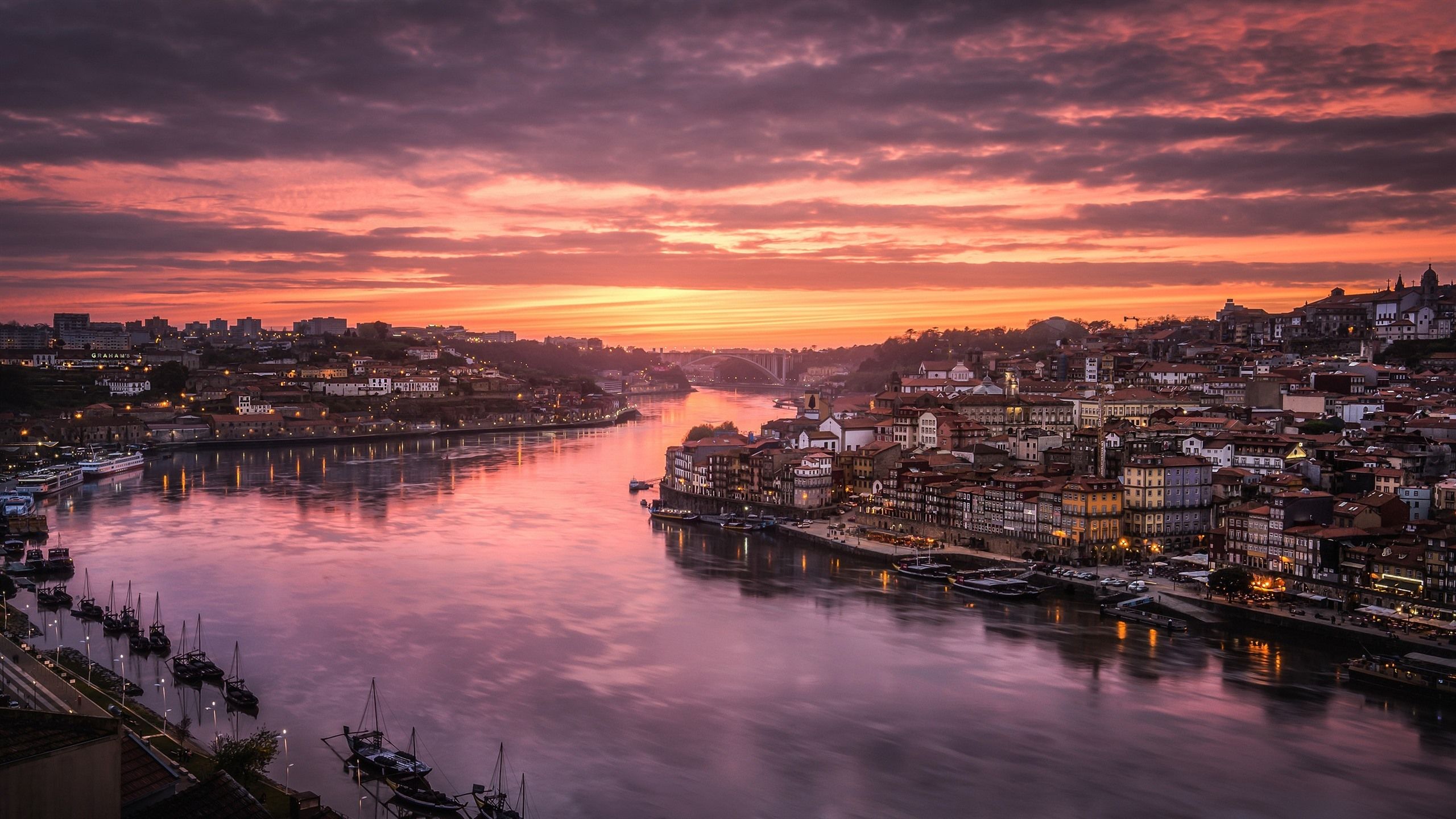 Wallpaper Portugal, Porto, Douro River, city, houses, red sky, clouds, sunset 2560x1440 QHD Picture, Image