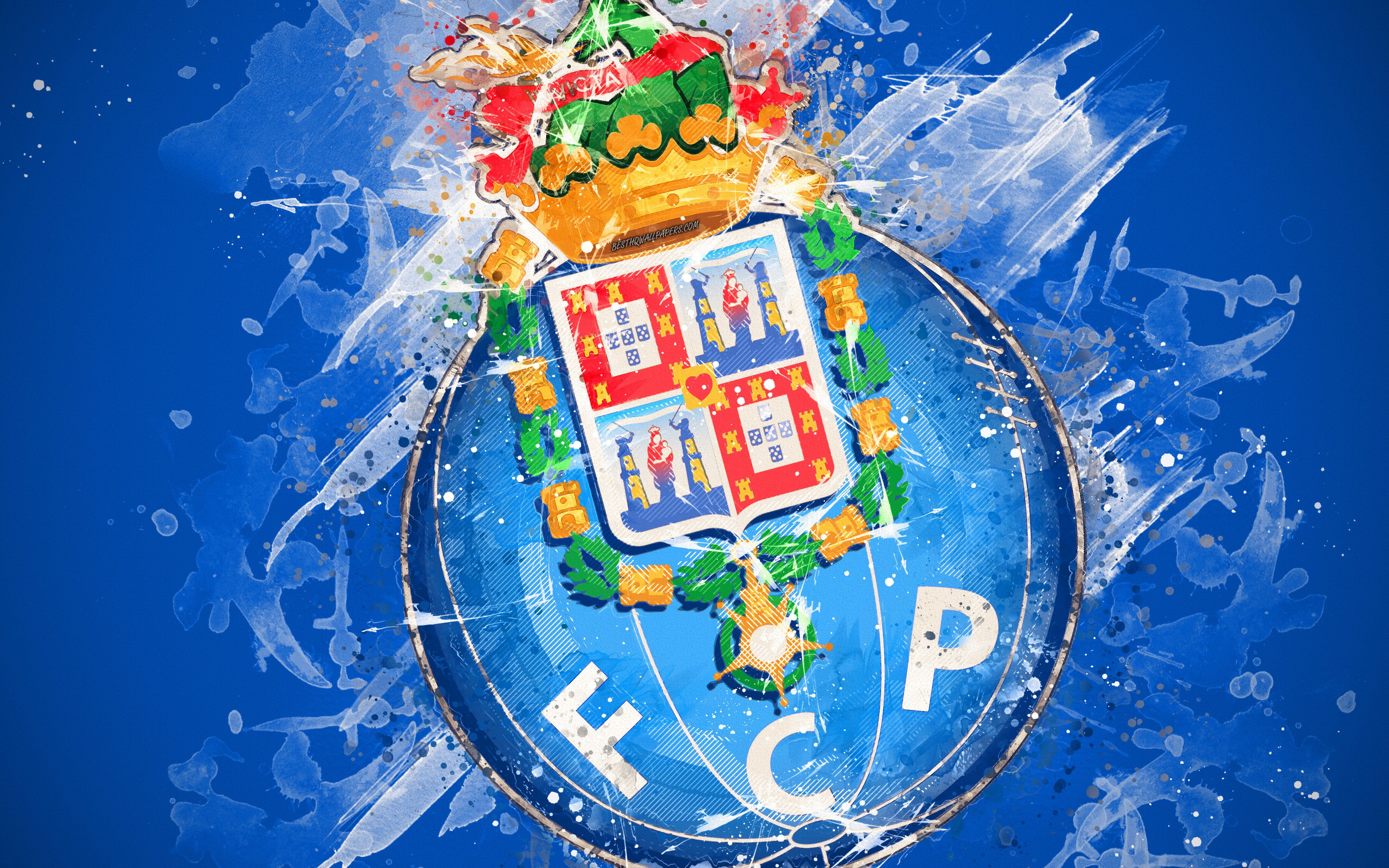 Download wallpaper FC Porto, 4k, paint art, logo, creative, Portuguese football team, Primeira Liga, emblem, blue background, grunge style, Porto, Portugal, football for desktop with resolution 3840x2400. High Quality HD picture wallpaper