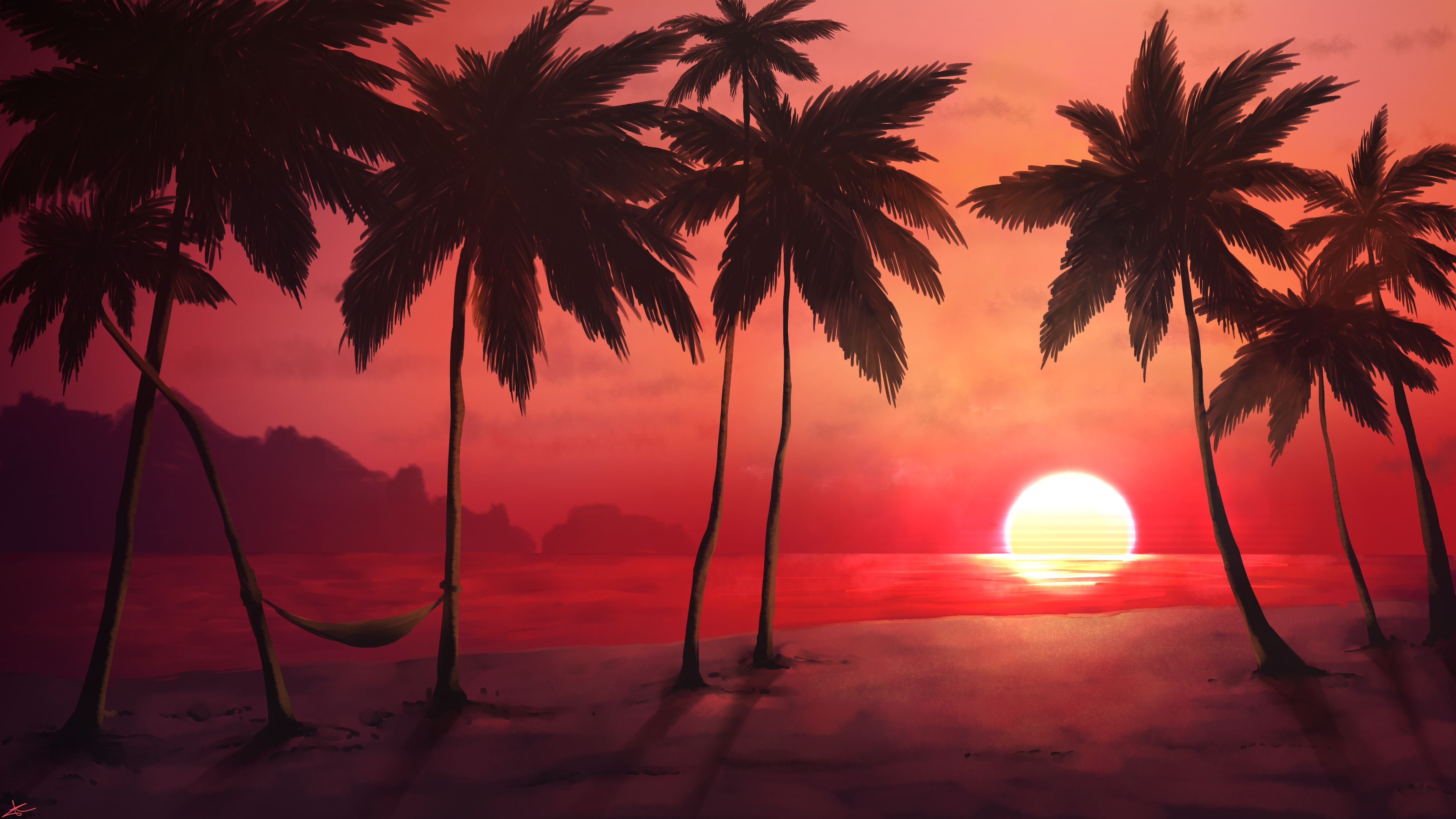 Sunset 4K Wallpaper, Tropical, Trees, Silhouette, Dawn, Warm, Nature
