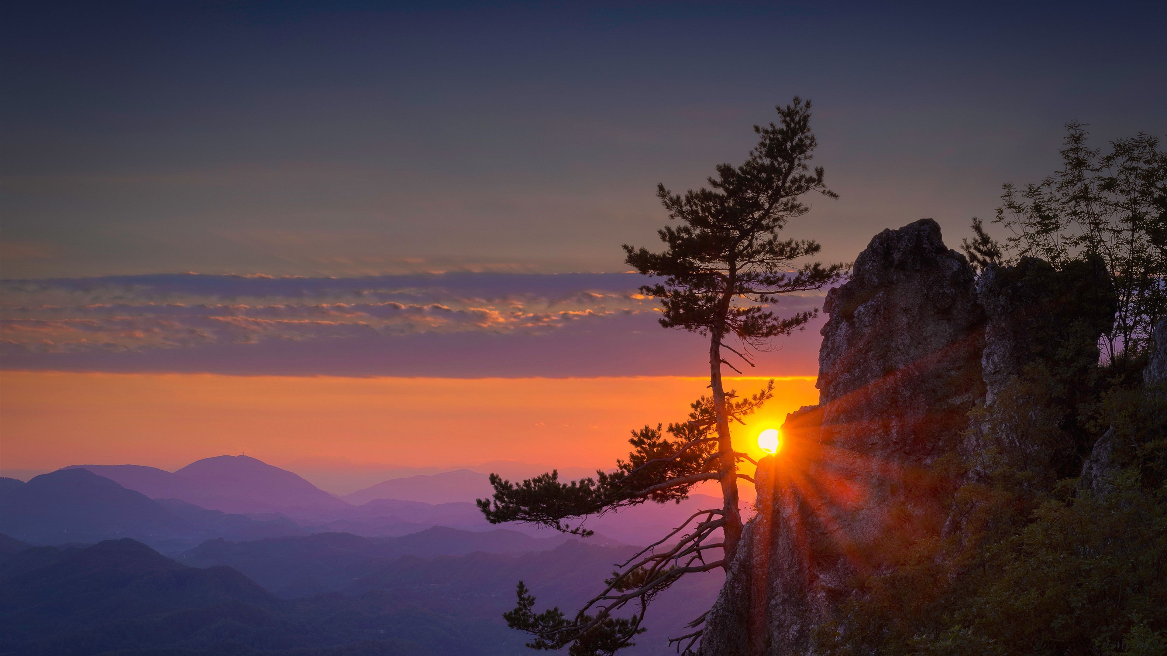 Wallpaper Mountain, cliff, tree, sun rays, sunrise, morning 5120x2880 UHD 5K Picture, Image