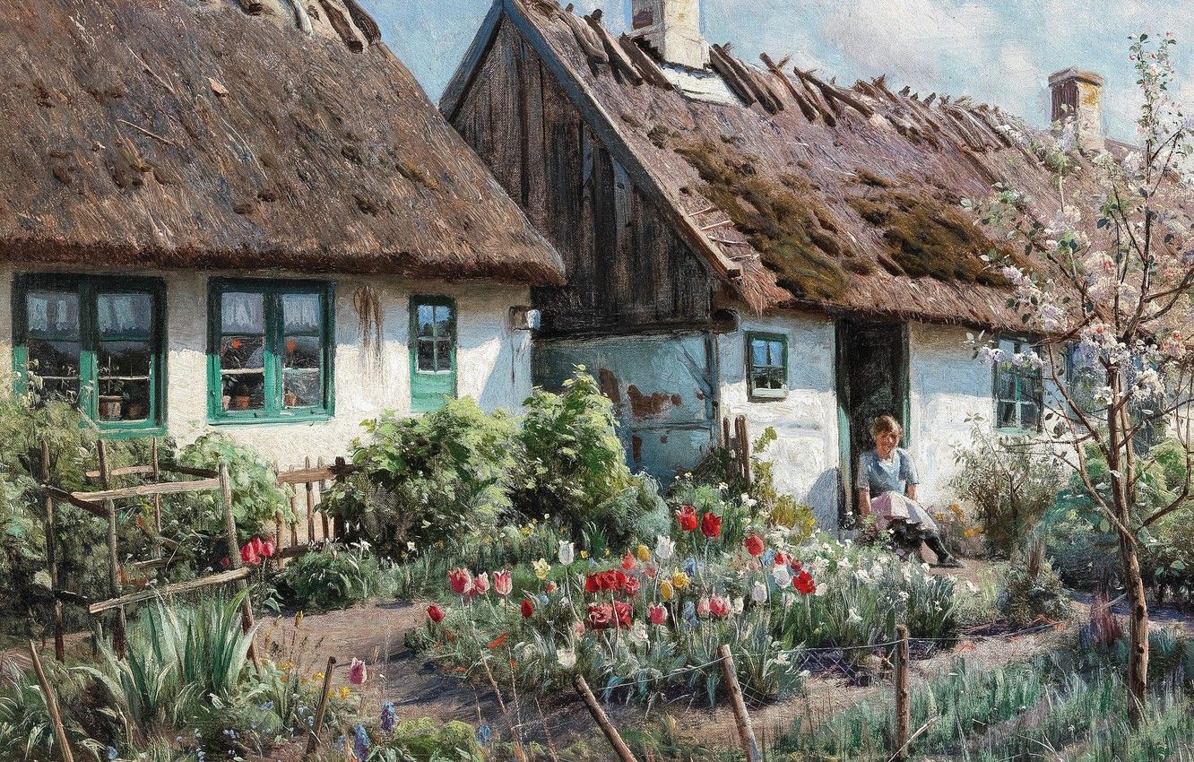 Wallpaper Danish painter, Peter Merk Of Menstad, Peder Mørk Mønsted, Danish realist painter, oil on canvas, Springtime in a Rustic Garden, Spring in the village garden image for desktop, section живопись