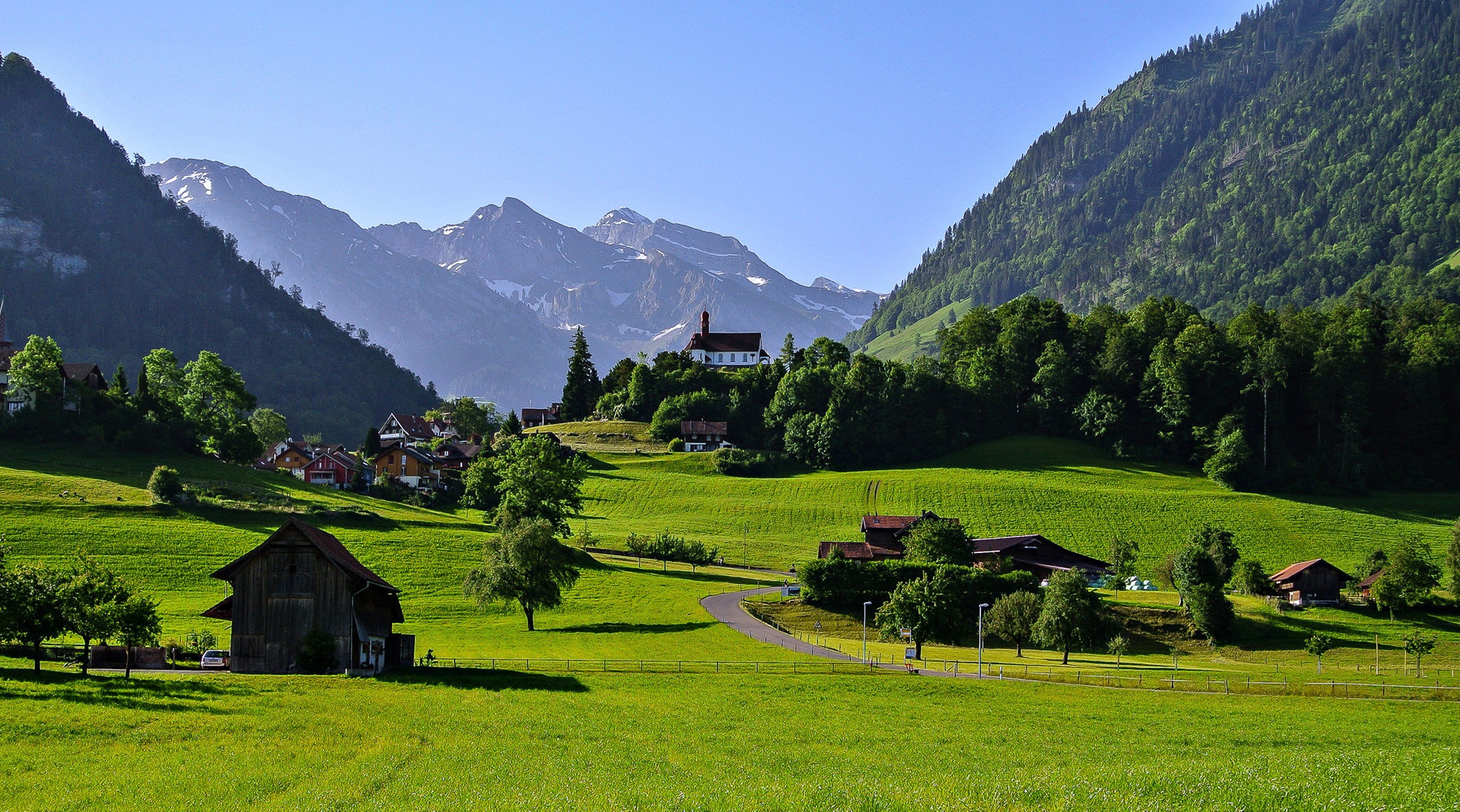 switzerland, Town, Countryside, Landscapes, Houses, Trees, Grass, Green, Spring, Nature, Forest, Beauty, Life, Mountains, Farms Wallpaper HD / Desktop and Mobile Background