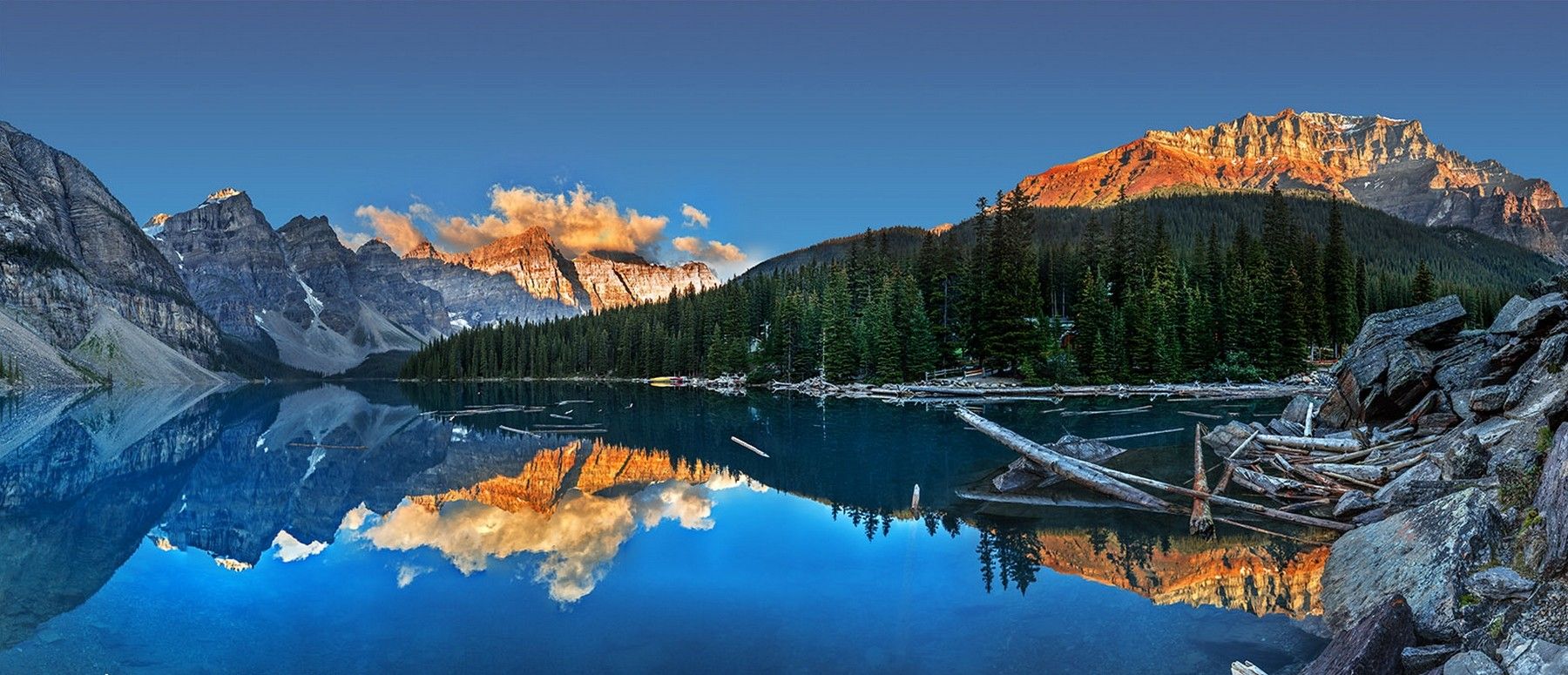 Moraine Lake Sunset Summer Lake Canada Mountains Water Forest Cliff Reflection Blue Clouds Nature La Wallpaper:1800x775