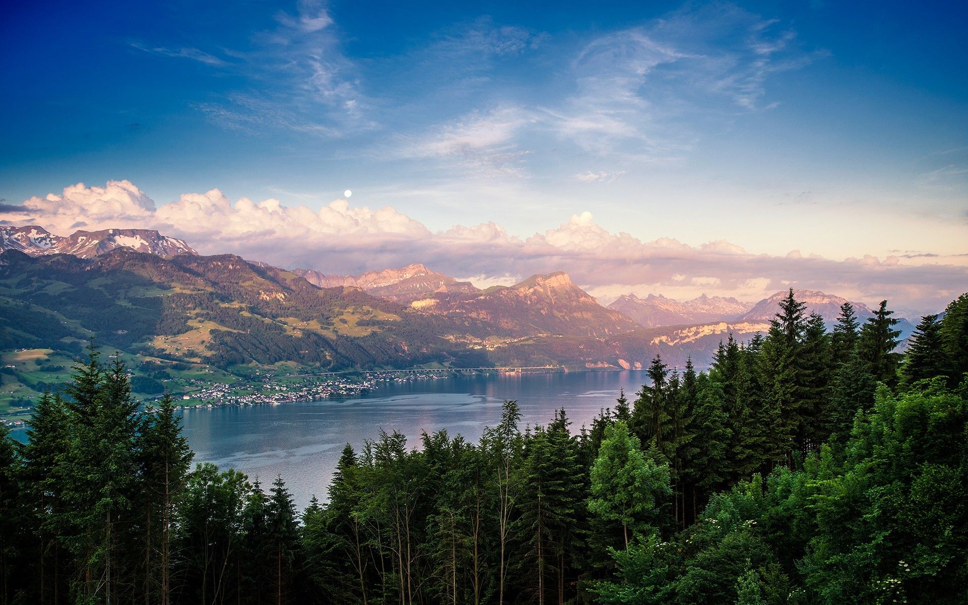 nature landscape lake mountain forest sunset summer city switzerland clouds trees wallpaper