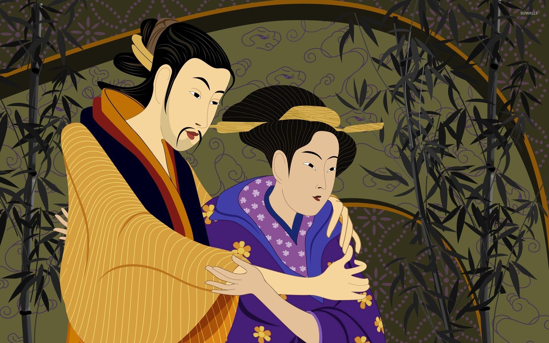 Japanese couple holding each other wallpaper Art wallpaper