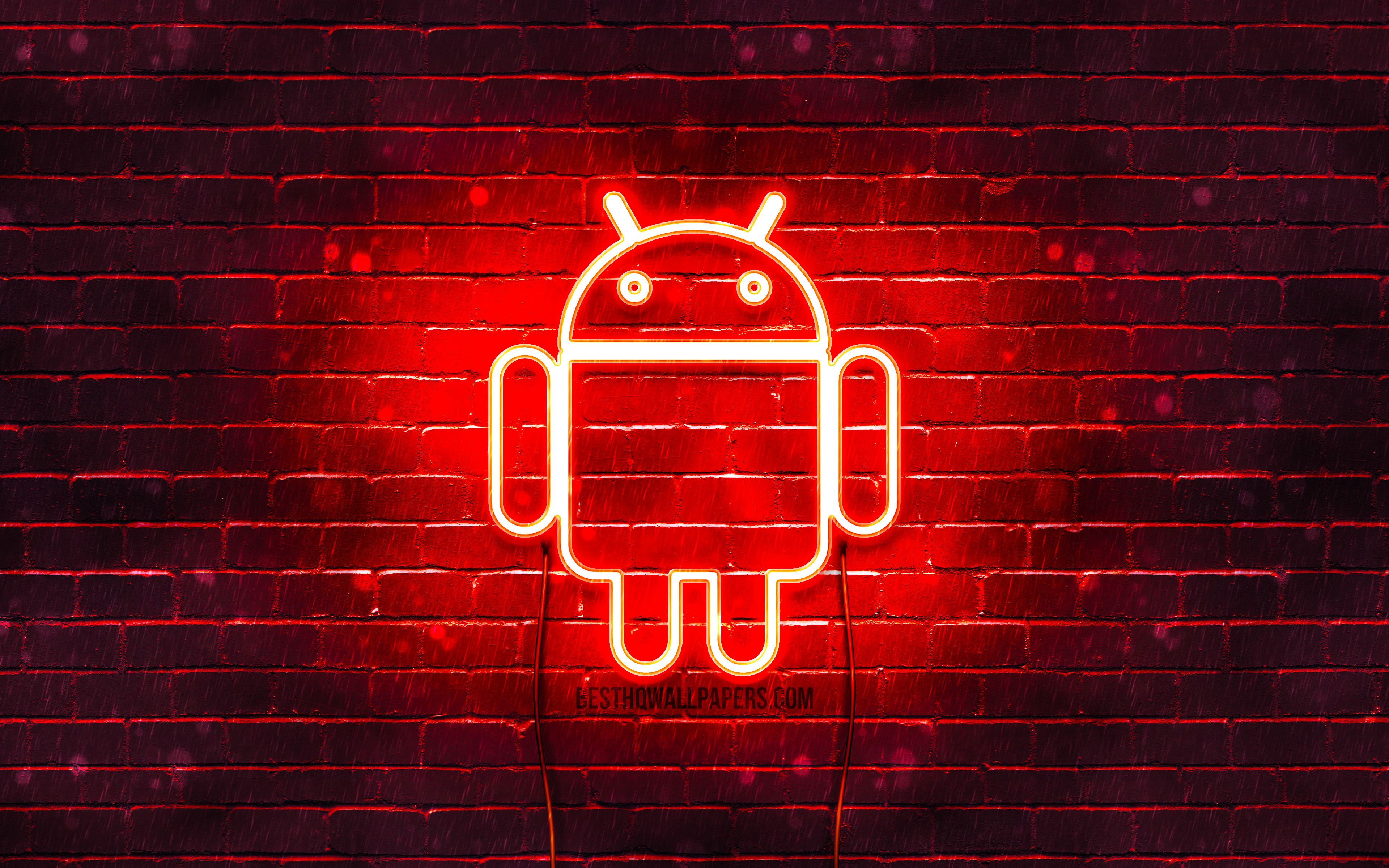 Android Red Logo, 4k, Red Brickwall, Android Logo