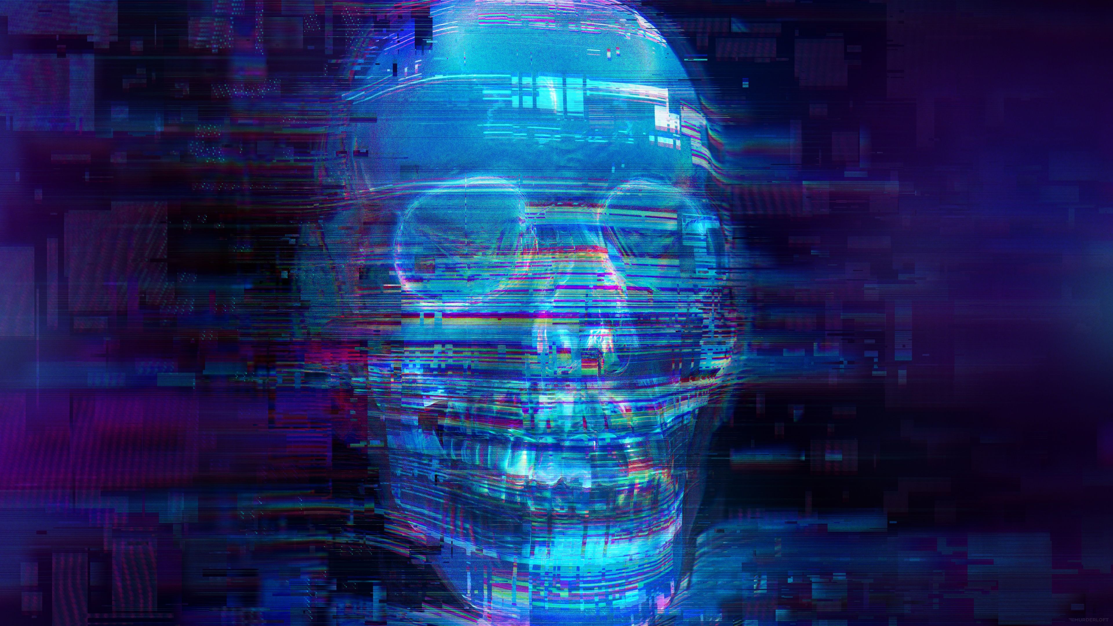 Download Skull, fear, glitch art, neon blue wallpaper, 3840x 4K UHD 16: Widescreen