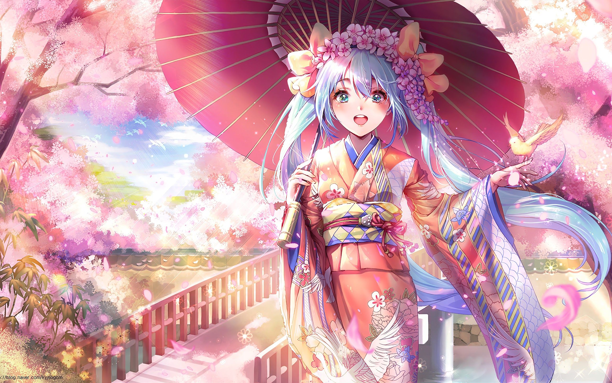 Anime Girl Kimono Cherry Blossom 4K Wallpaper
