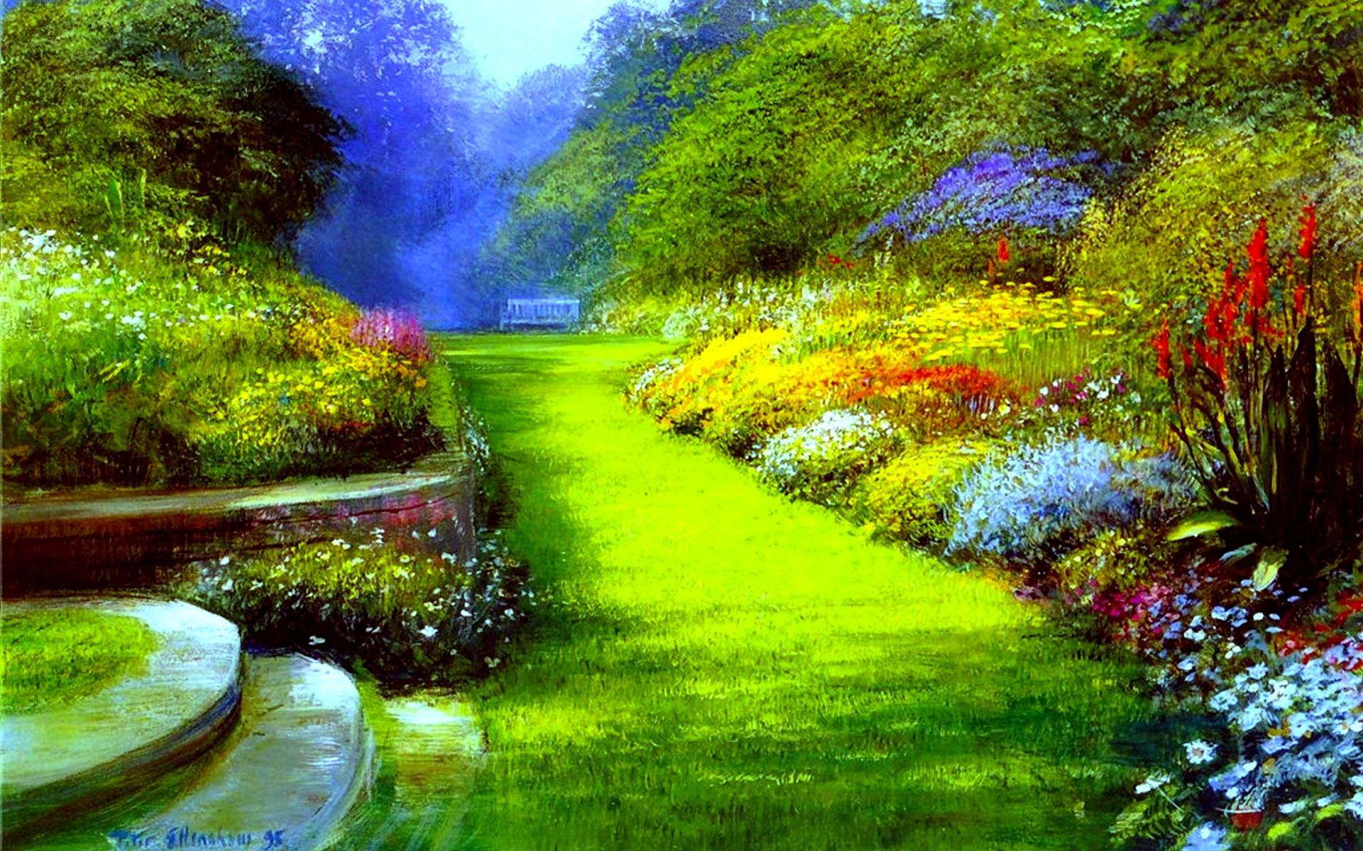 Spring Park Wide Desktop Background wallpaper HD free. Oil painting landscape, Landscape picture, Landscape