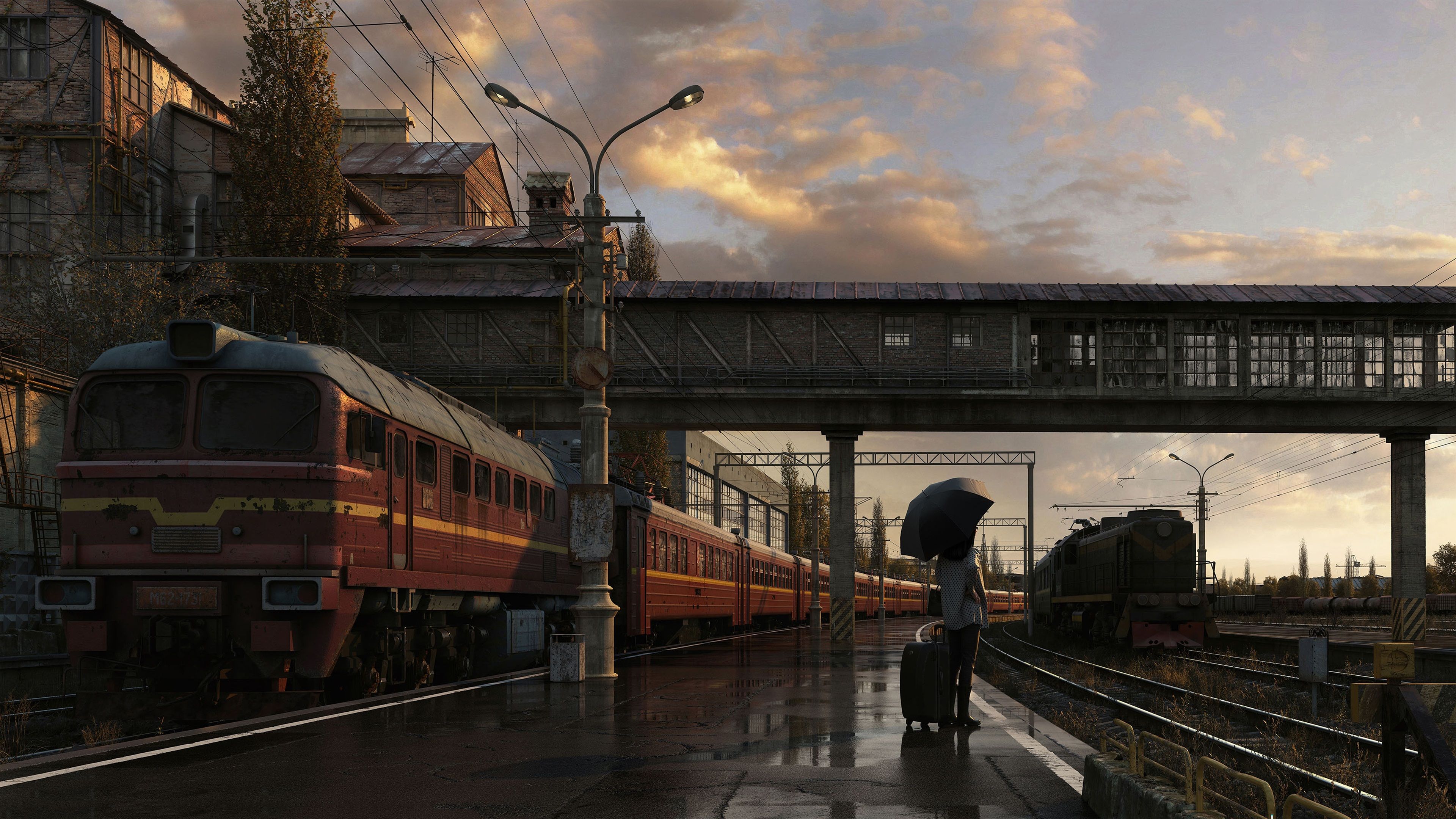 Wallpaper, digital art, women, umbrella, city, train station 3840x2160