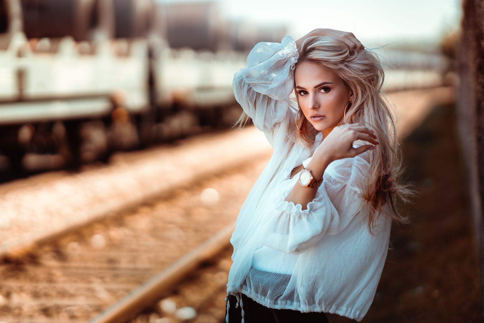 Women Blonde Face Women Outdoors Long Hair Railway White Shirt Dark Eyes Hoop Earrings Train Wallpaper:2048x1366