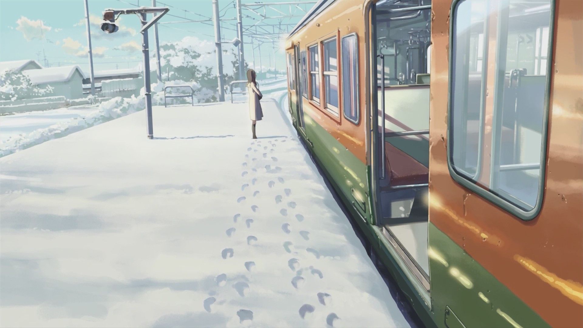 winter women train train station anime 5 centimeters per second footprints snow makoto shinkai HD wallpaper, Background