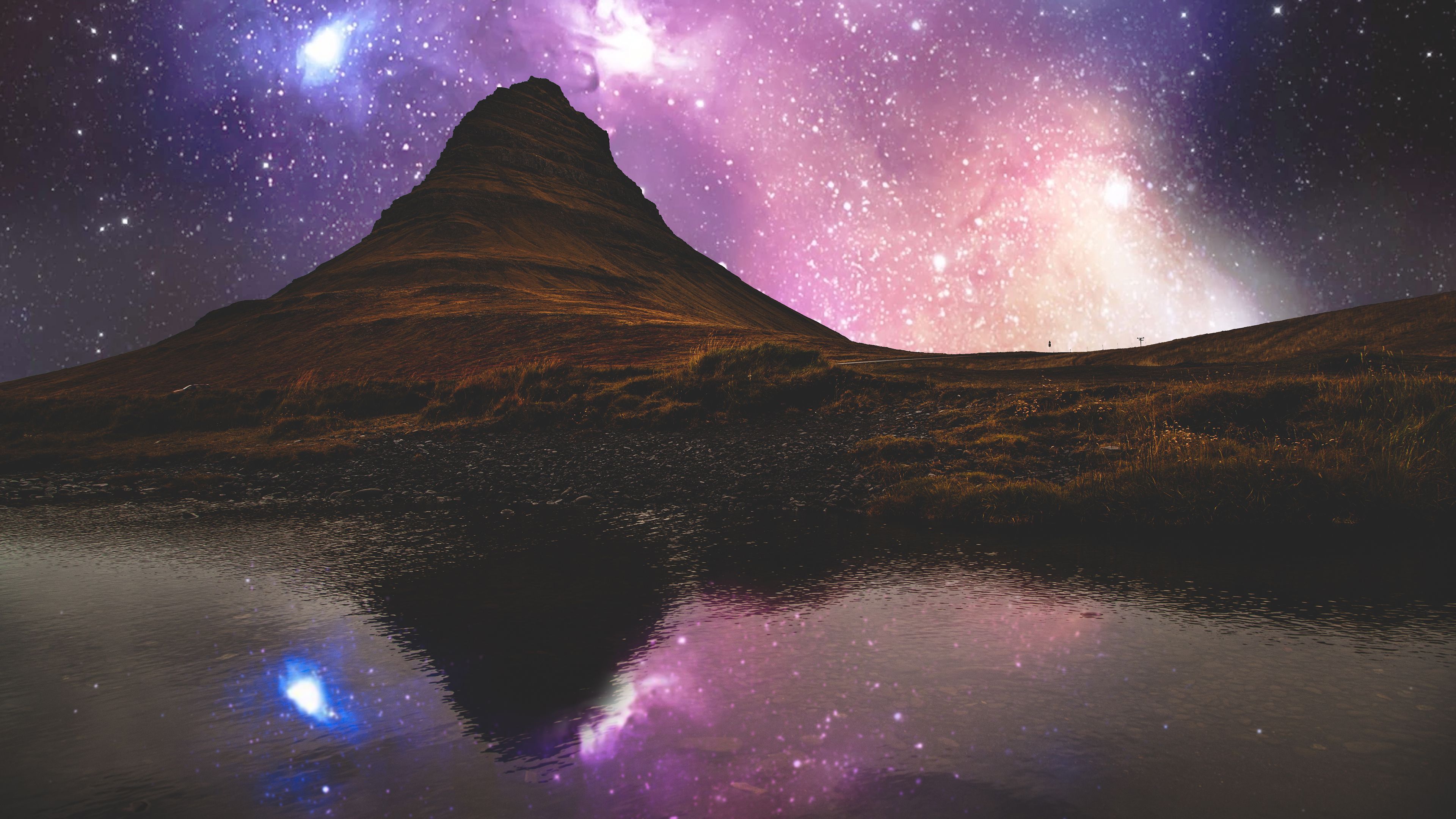 Landscape, Mountains, Starry Sky, Nebula, Outer space, 4k Free deskk wallpaper, Ultra HD